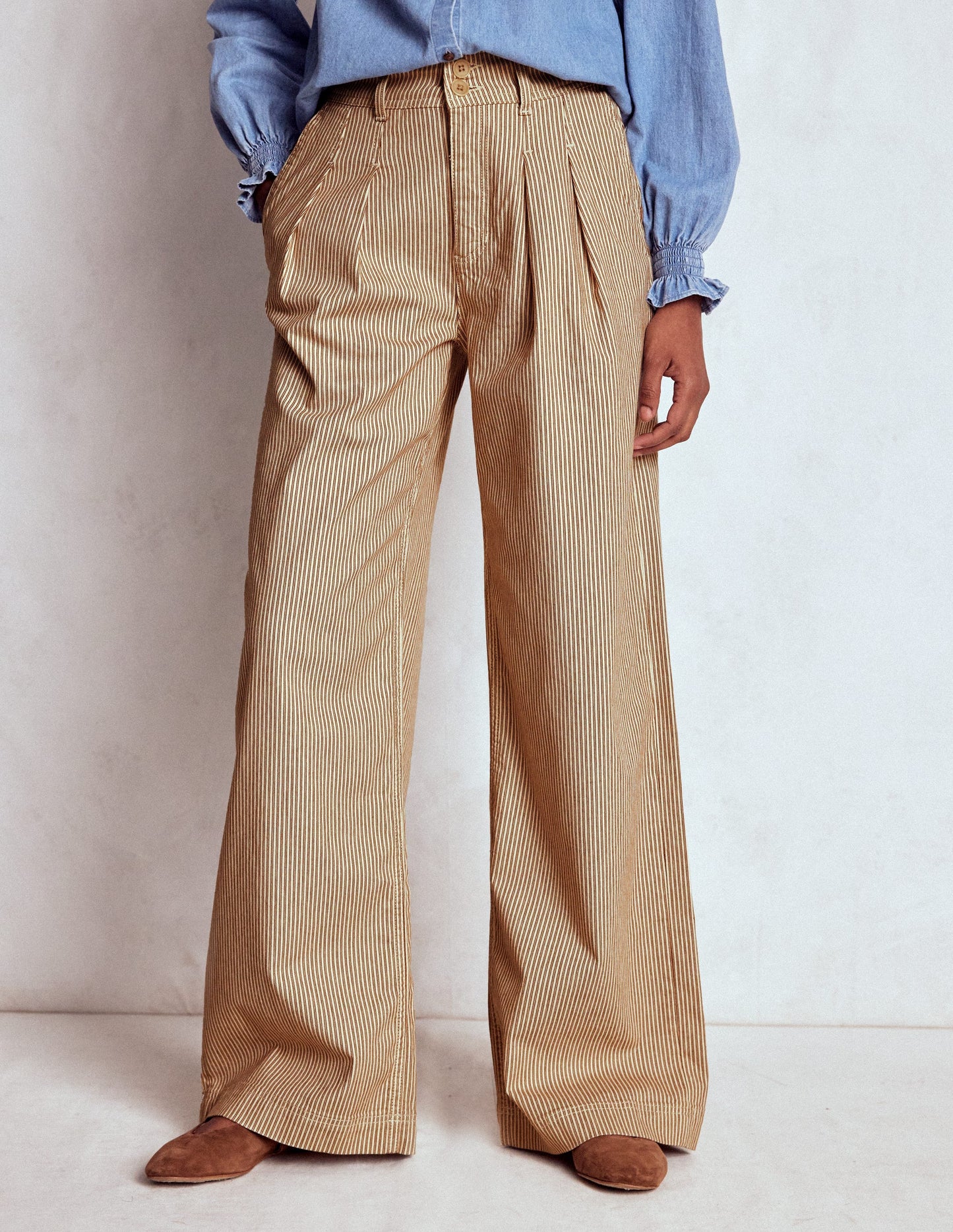 Brompton Wide Leg Pants-Tan and Ecru Stripe