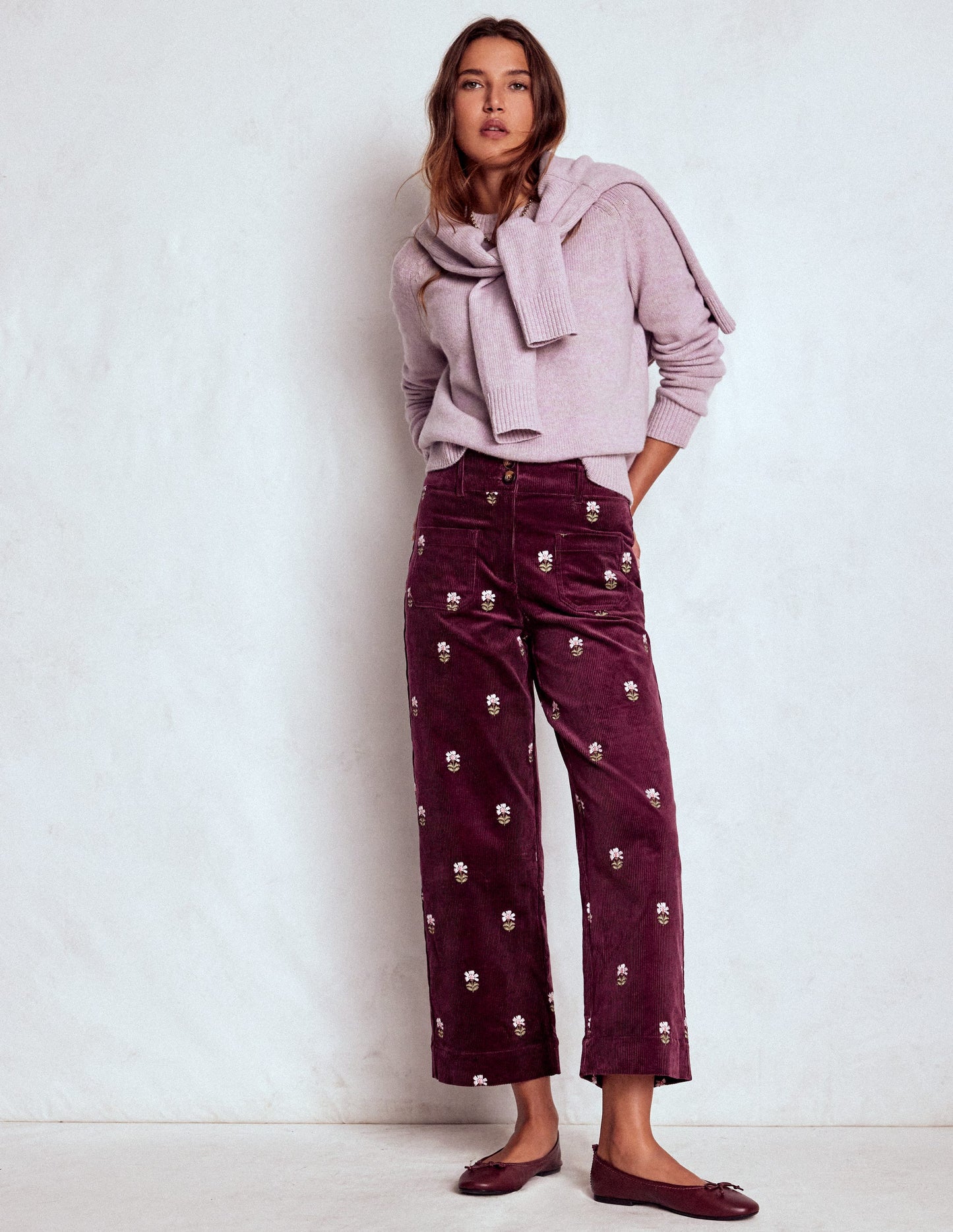 Primrose Cord Pants-Dark Cherry Embroidery