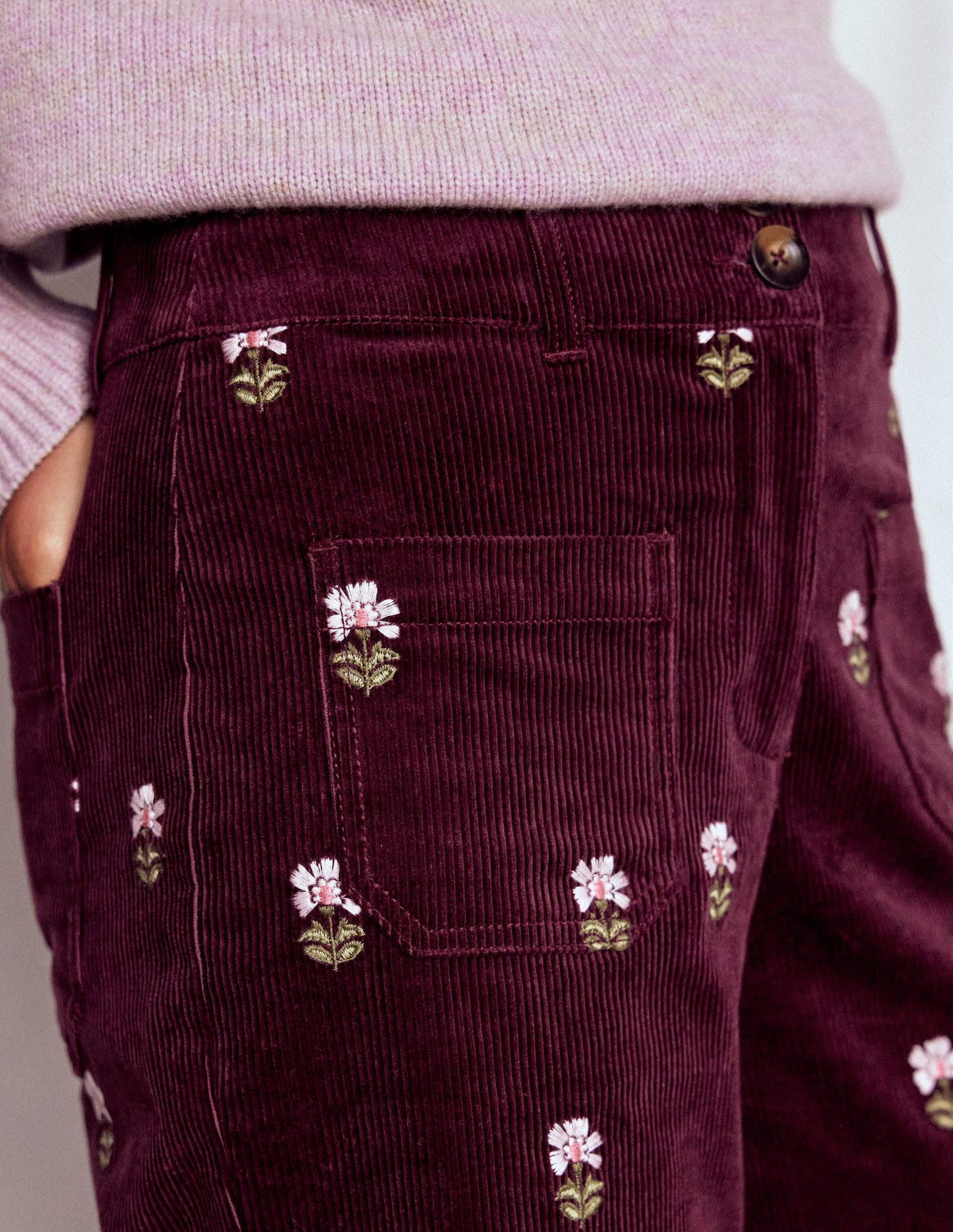 Primrose Cord Pants-Dark Cherry Embroidery