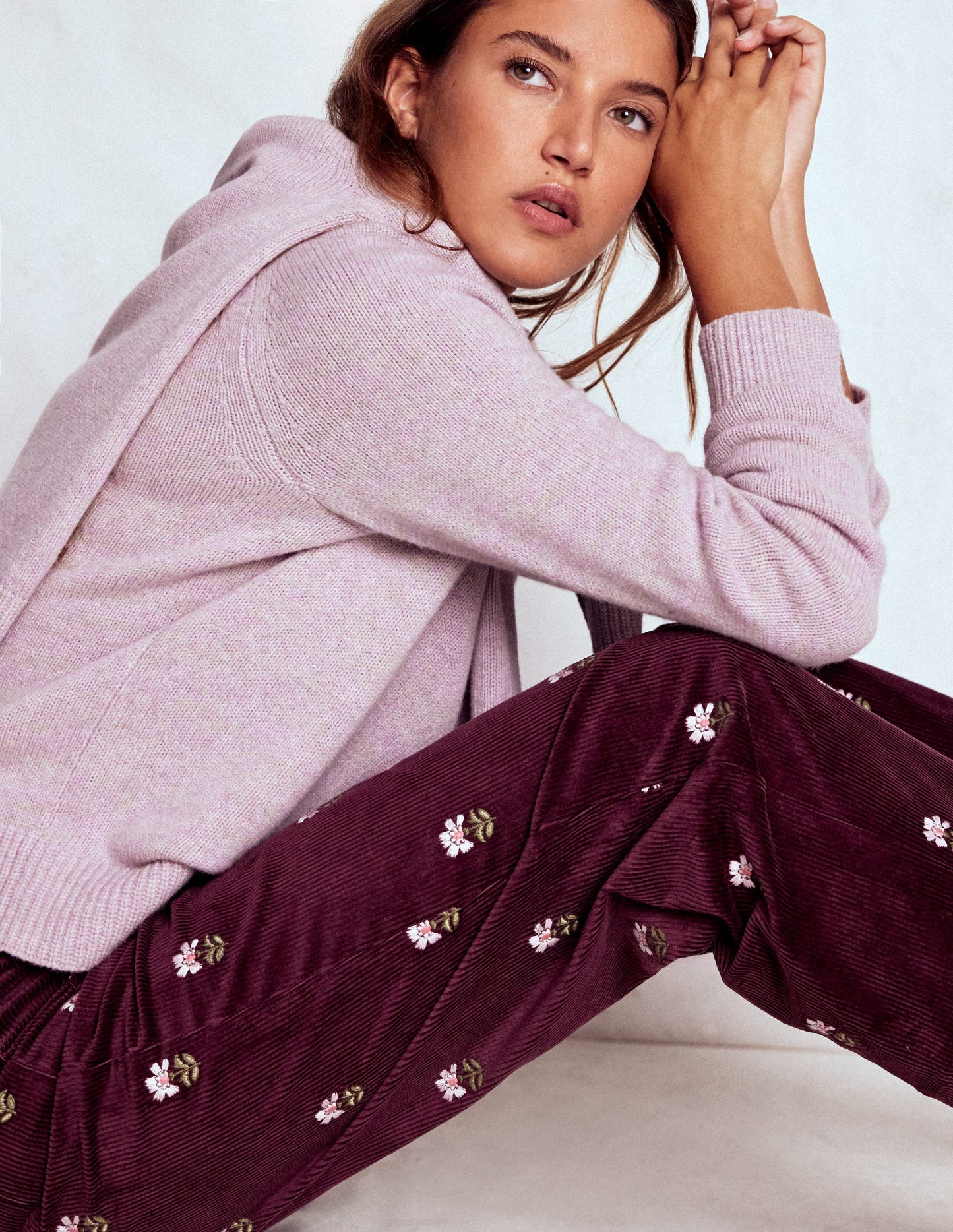 Primrose Cord Pants-Dark Cherry Embroidery