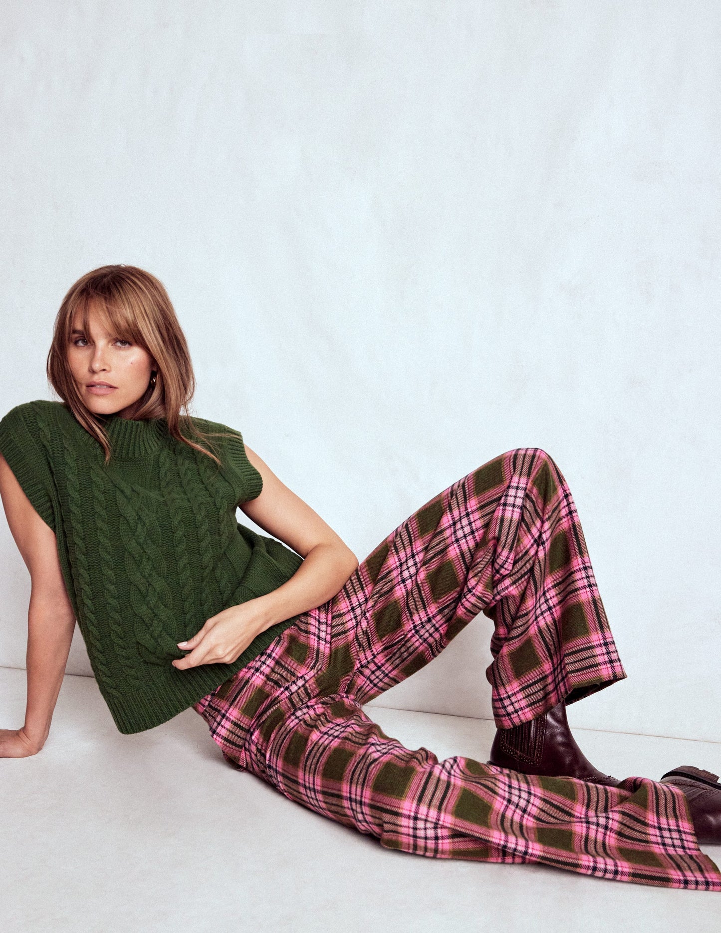 Belgravia Wool Pants-Olive, Green and Pink Check