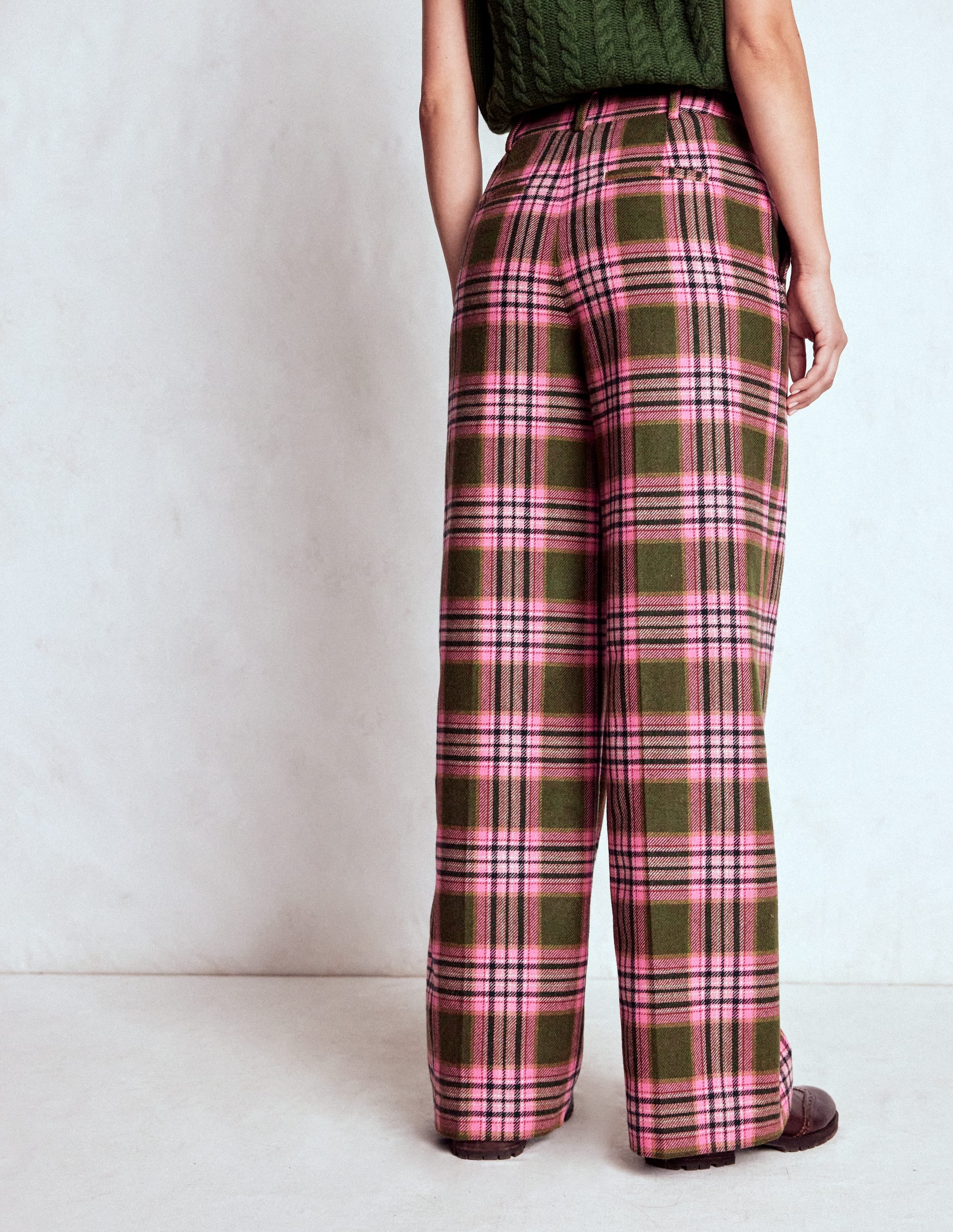 Belgravia Wool Blend Pants-Olive, Green and Pink Check - Image 3