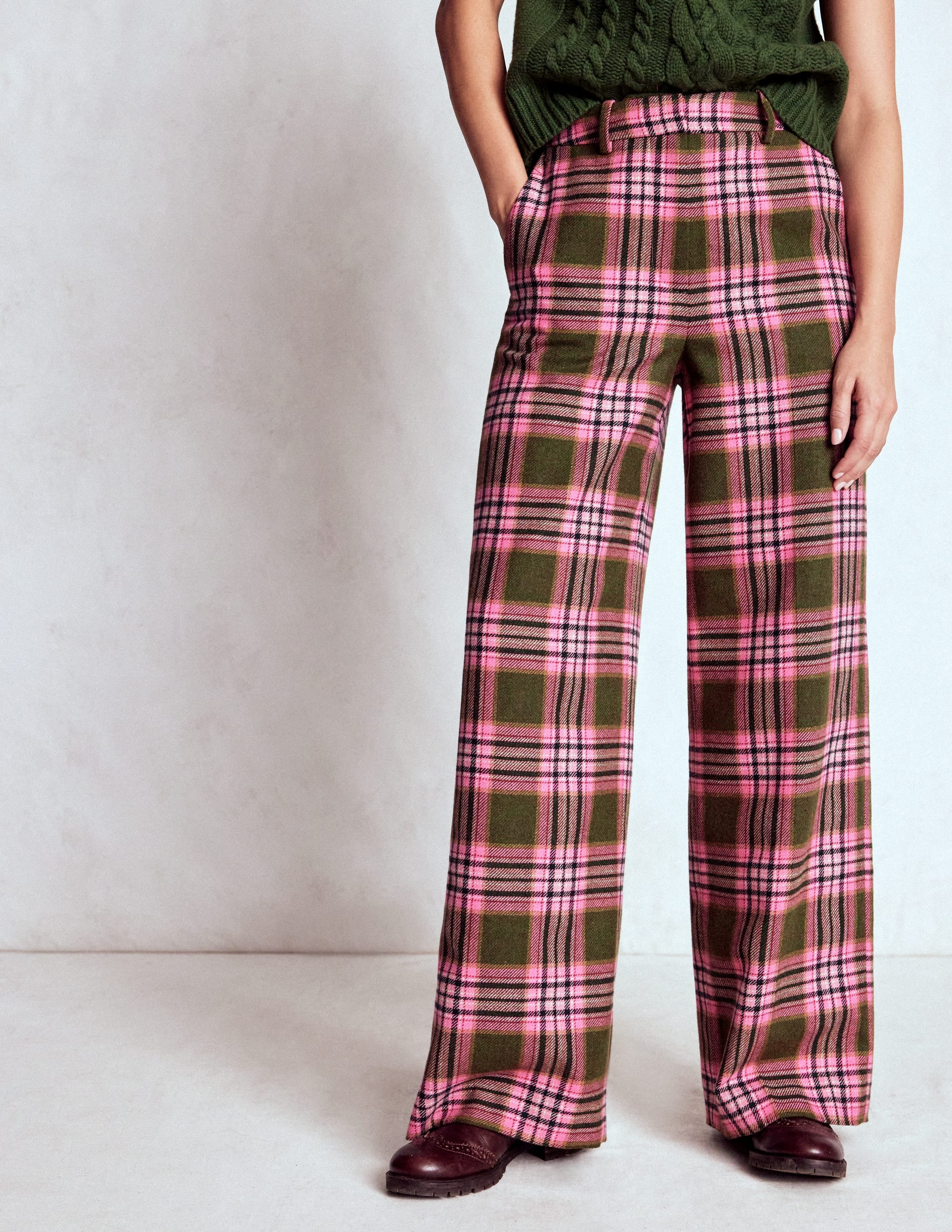 Belgravia Wool Blend Pants-Olive, Green and Pink Check - Image 4