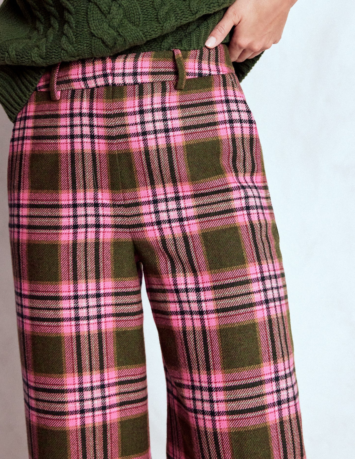 Belgravia Wool Pants-Olive, Green and Pink Check