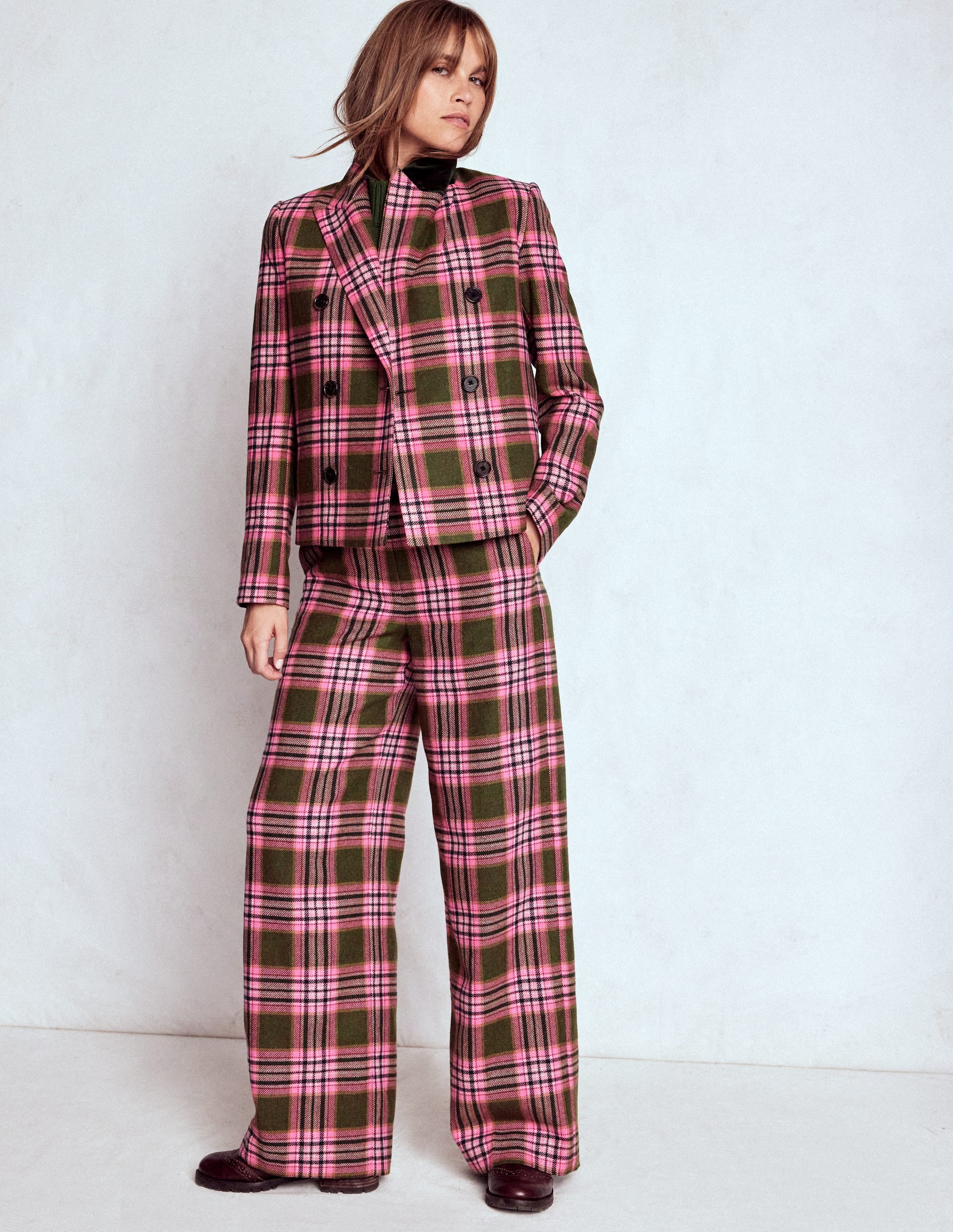 Belgravia Wool Blend Pants-Olive, Green and Pink Check - Image 6
