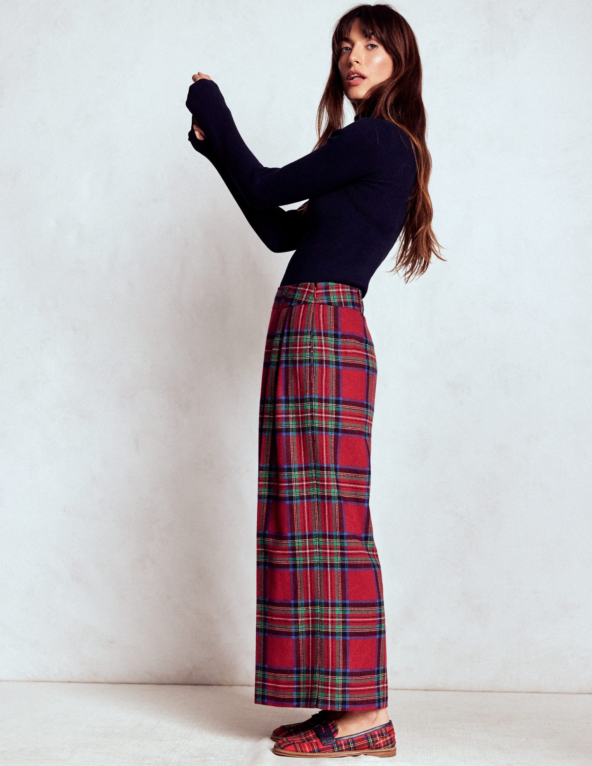 Pleated Wool Culottes-Red, Blue and Green Check - Image 1