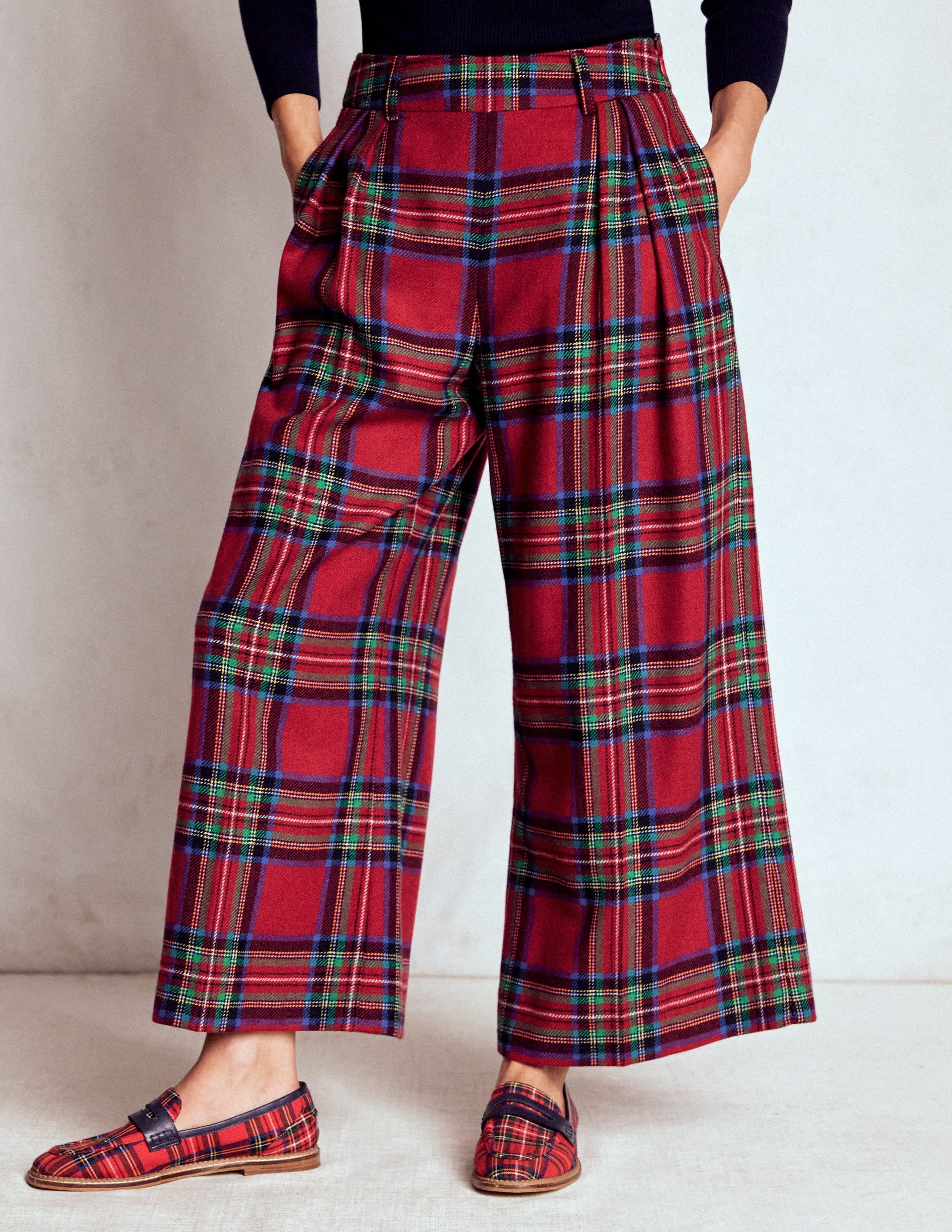 Pleated Wool Culottes-Red, Blue and Green Check - Image 4