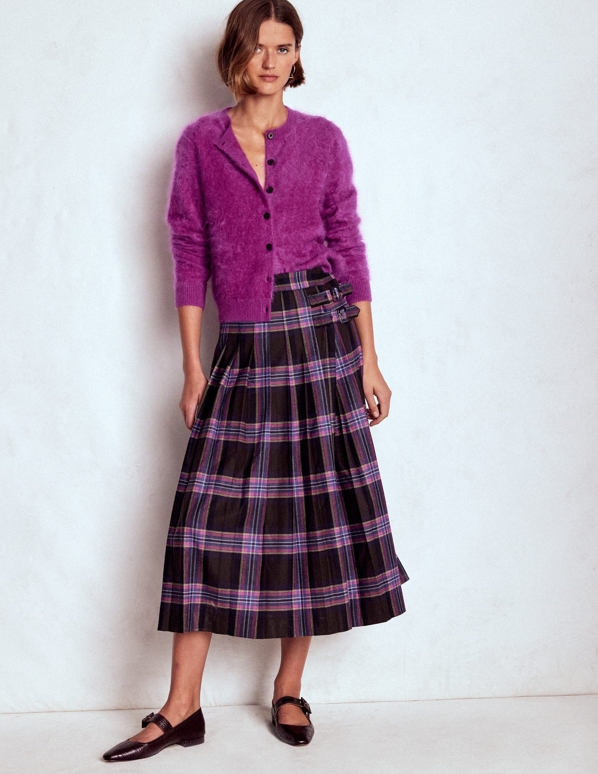Josephine Wool Kilt Skirt-Brown, Teal & Pink Check-1