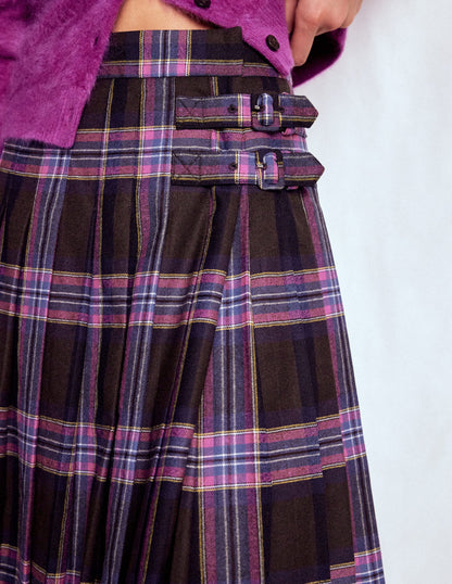 Josephine Wool Kilt Skirt-Brown, Teal & Pink Check-2
