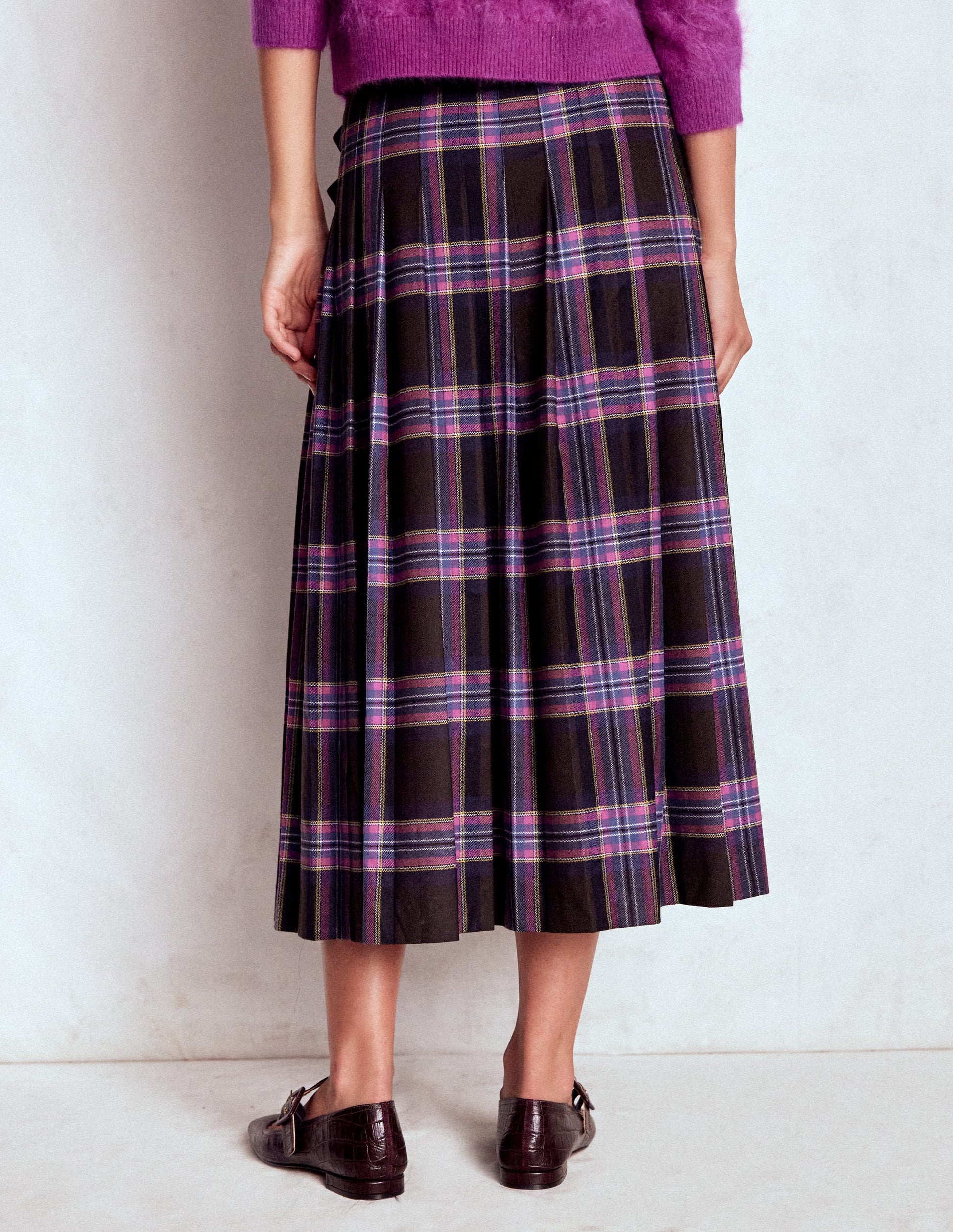 Josephine Wool Kilt Skirt-Brown, Teal & Pink Check-3
