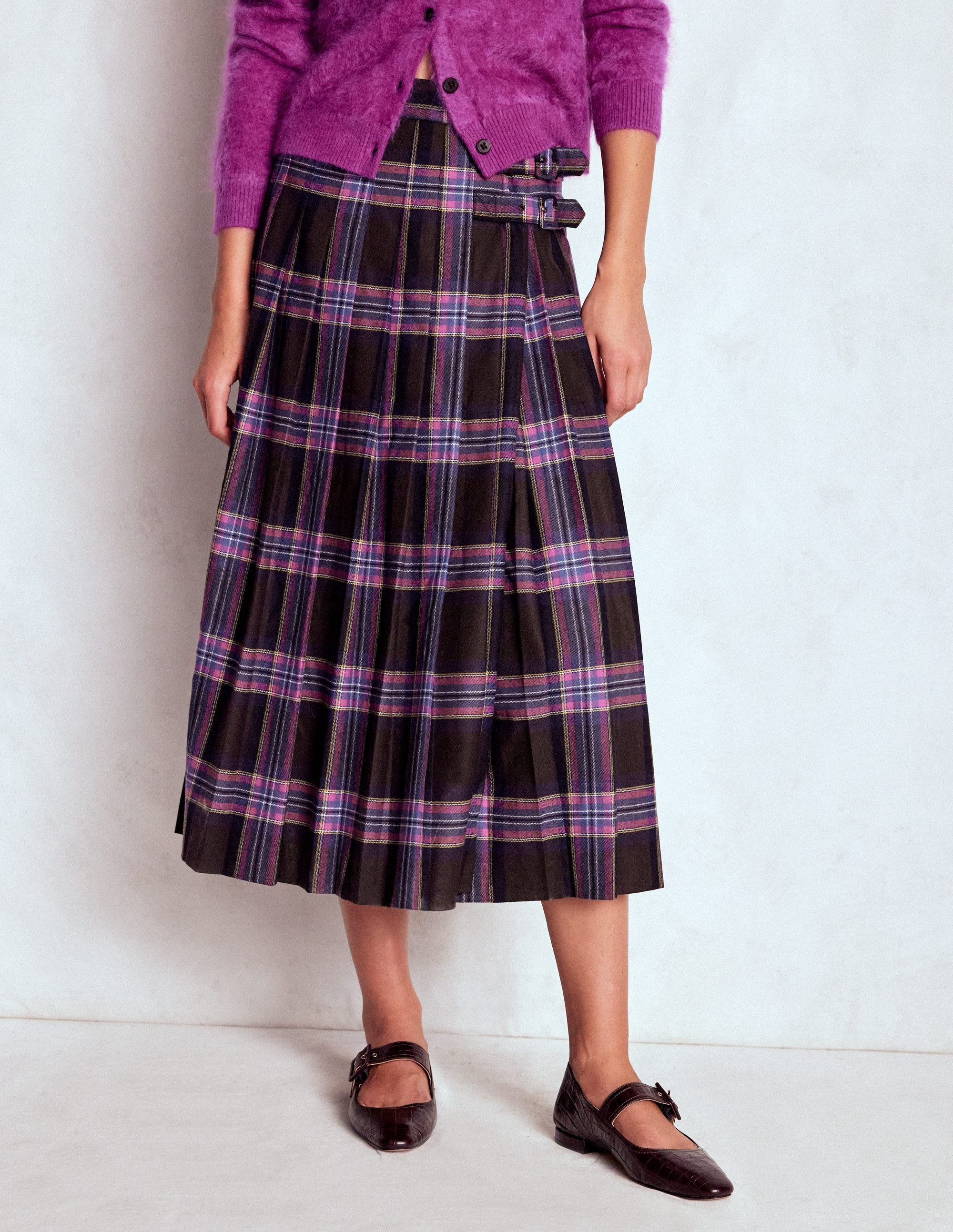 Josephine Wool Kilt Skirt-Brown, Teal & Pink Check | Boden USA
