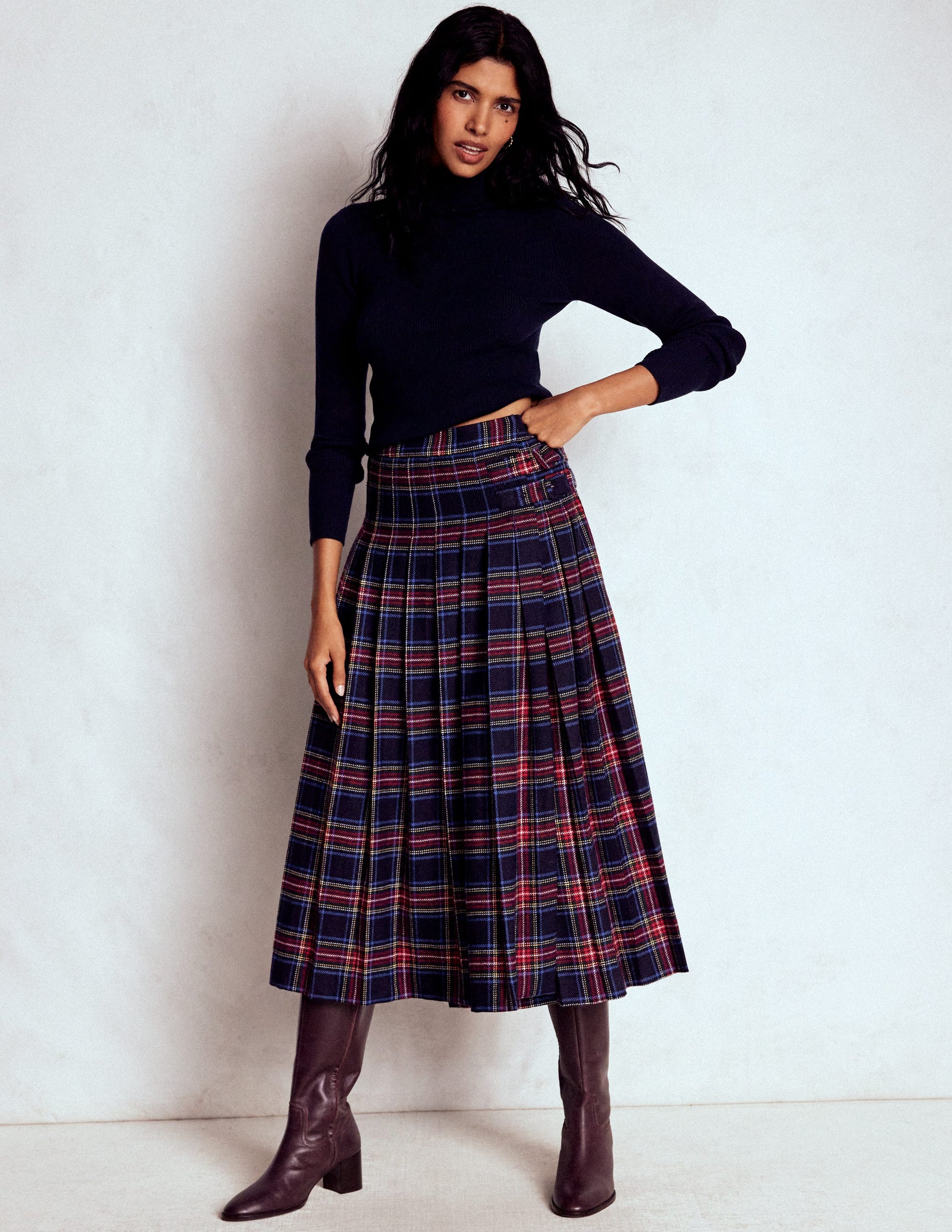 Josephine Wool Kilt Skirt-Navy, Green and Red Check-1