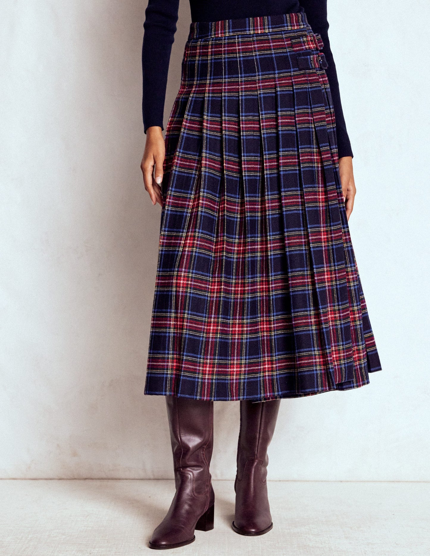 Josephine Wool Kilt Skirt-Navy, Green and Red Check