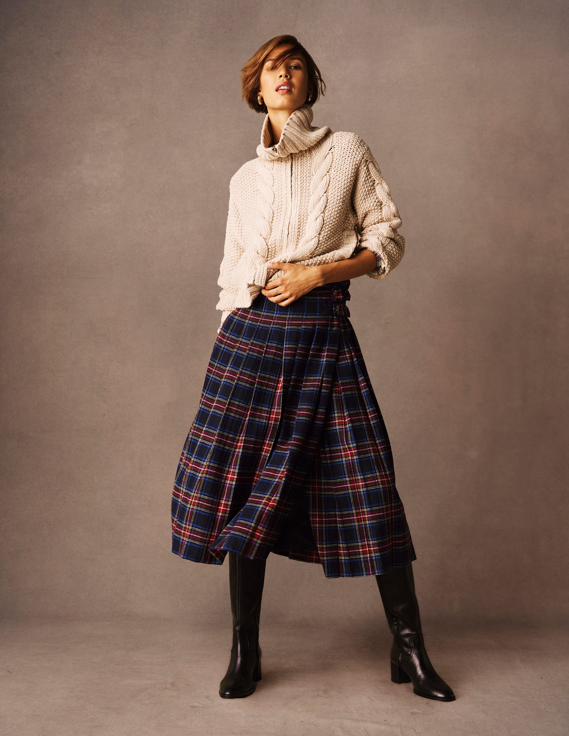 Josephine Wool Kilt Skirt-Navy, Green and Red Check Boden USA