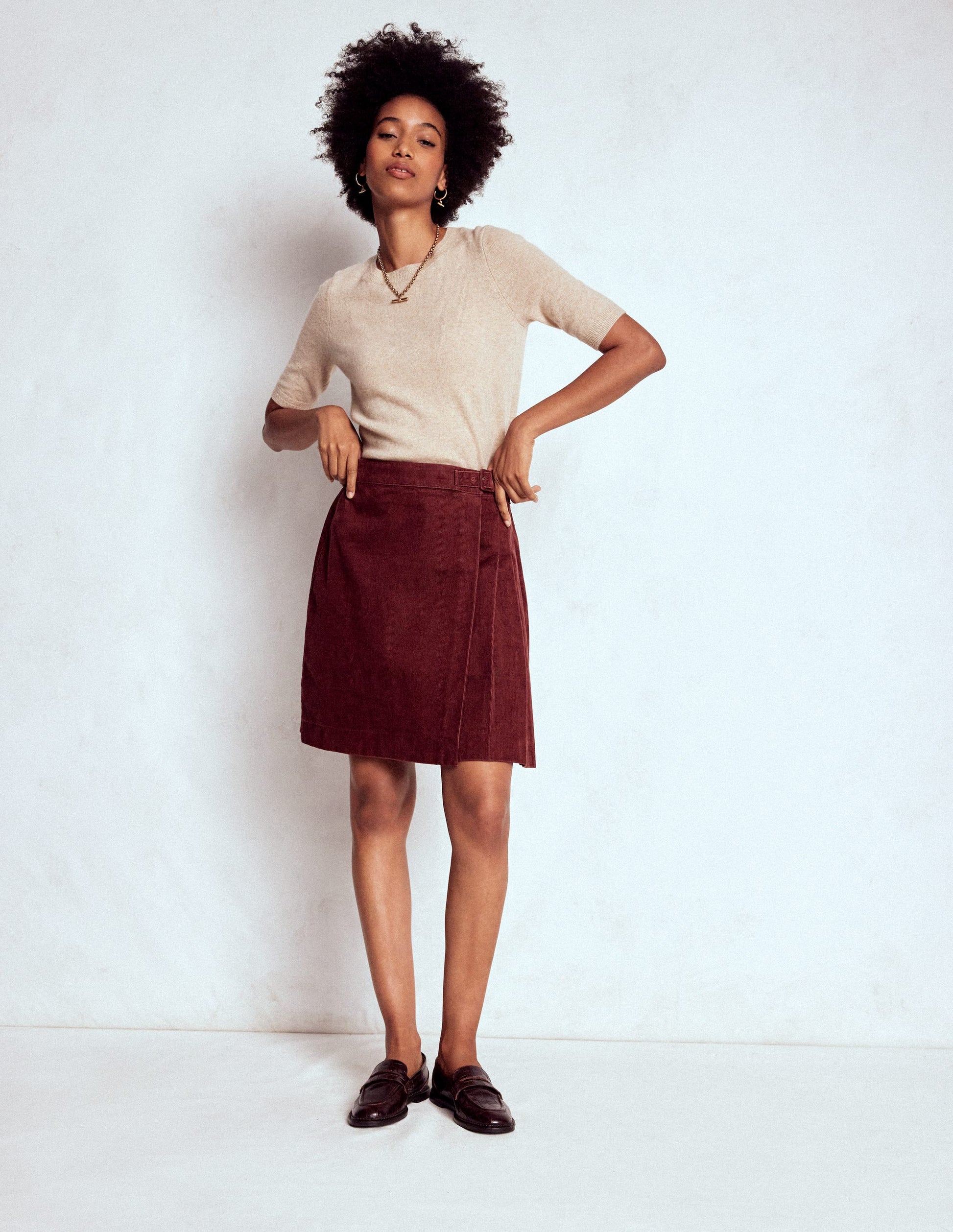 Helen Cord Kilt Skirt-Chestnut-5