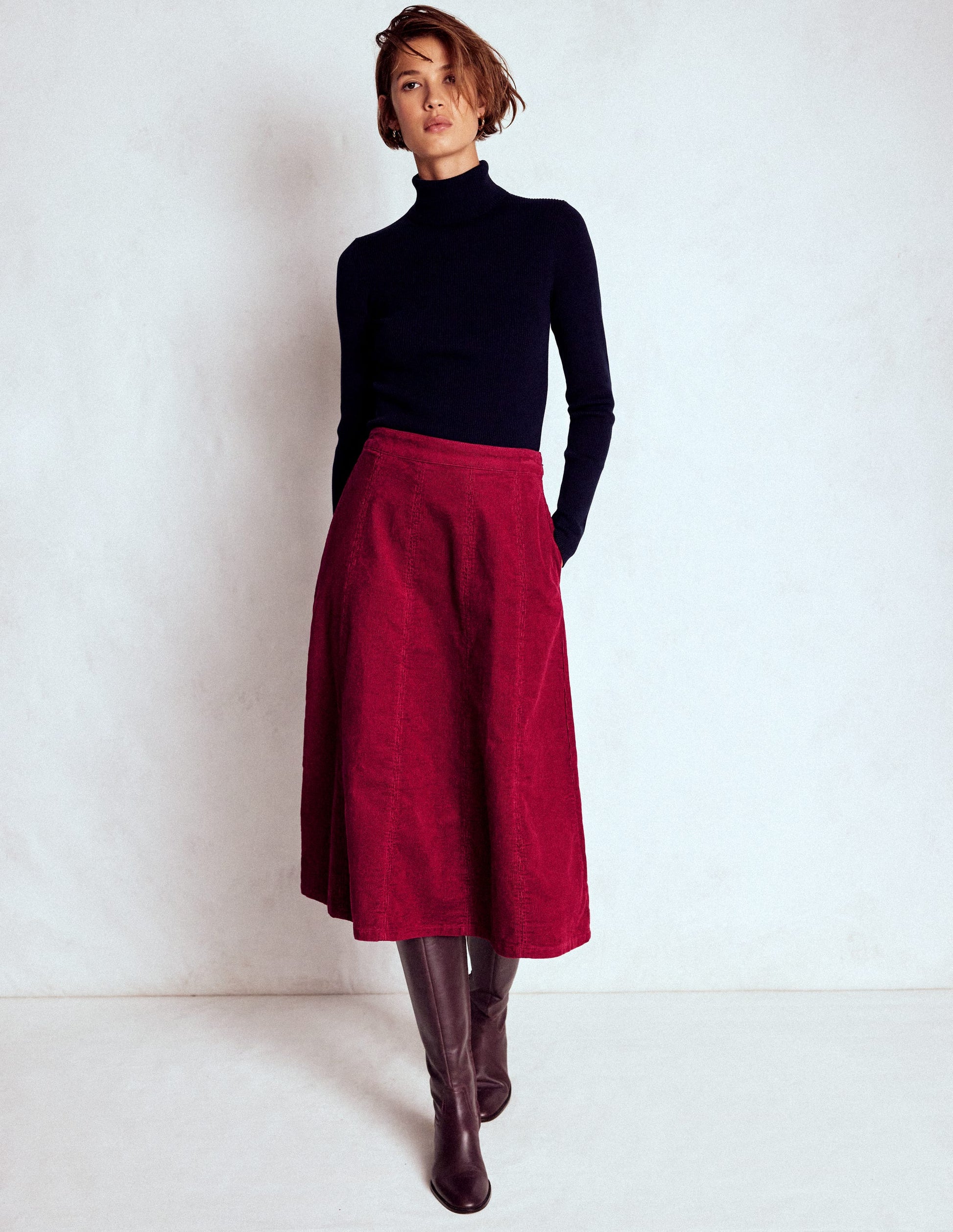 Joy Cord Midi Skirt-Burgundy Red Boden USA - Main Image