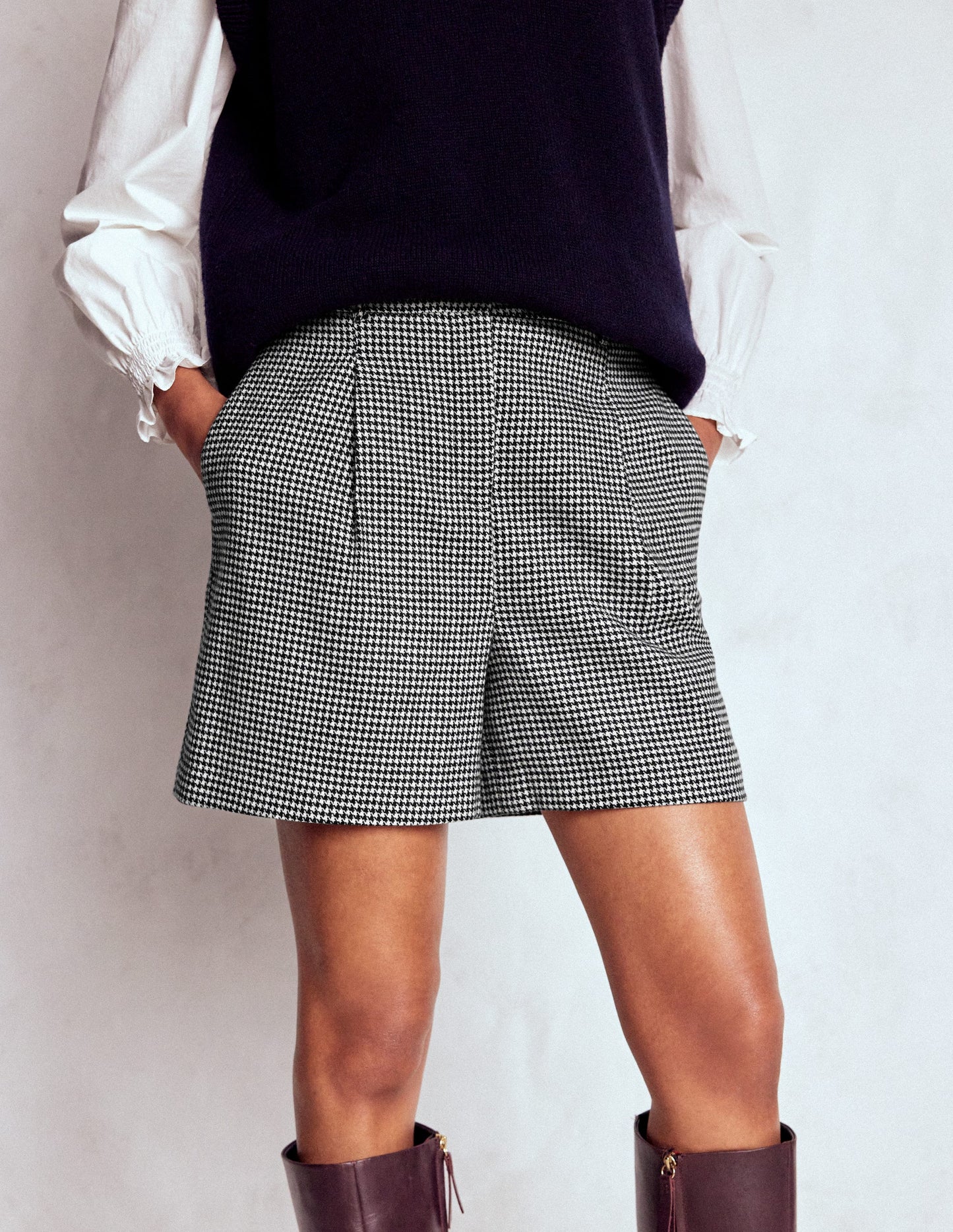 Wool Tailored Shorts-Black and Ivory Puppytooth