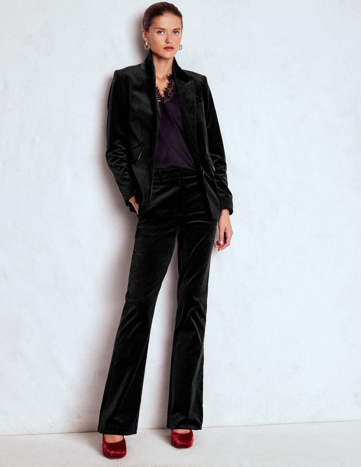 Fitted Velvet Flare Pants-Black - Image 5