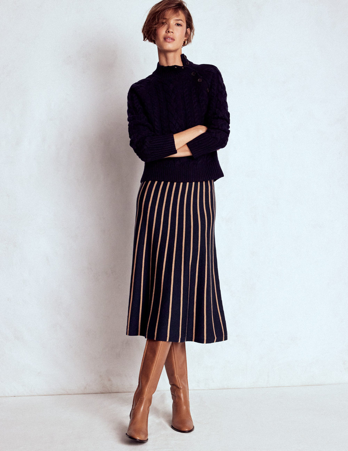 Liz Knitted Midi Skirt-Navy and Camel Stripe - Image 1
