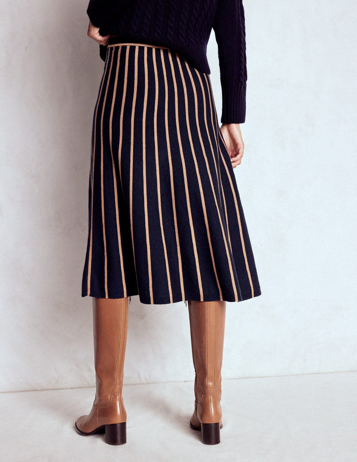Liz Knitted Midi Skirt-Navy and Camel Stripe - Image 3