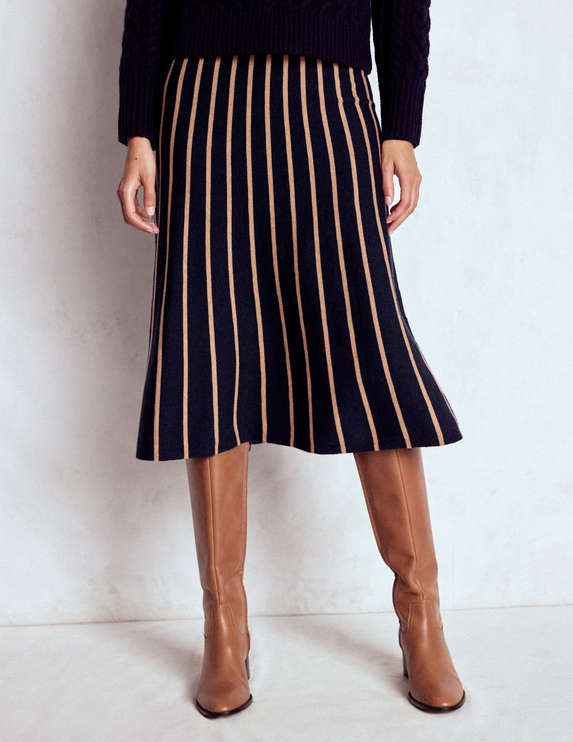 Liz Knitted Midi Skirt-Navy and Camel Stripe-4