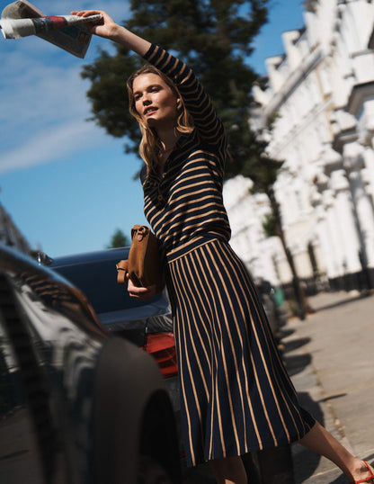 Liz Knitted Midi Skirt-Navy and Camel Stripe-5