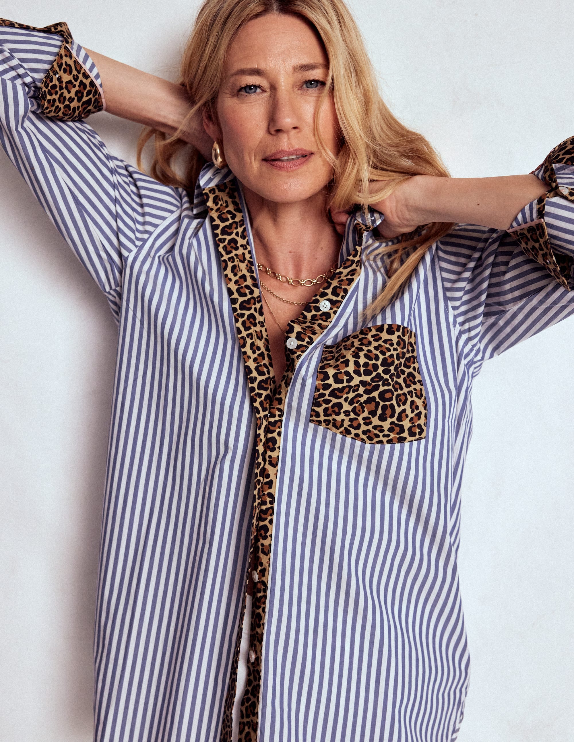 Sadie Relaxed Cotton Shirt - Blue Stripe, Cheetah Pop Hotch