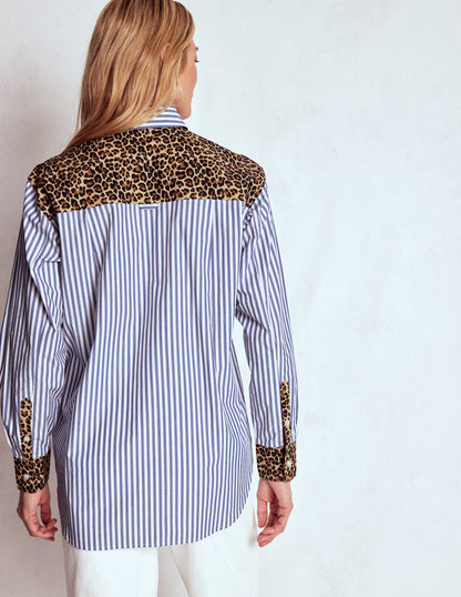 Sadie Relaxed Cotton Shirt-Blue Stripe, Cheetah Pop Hotch-3