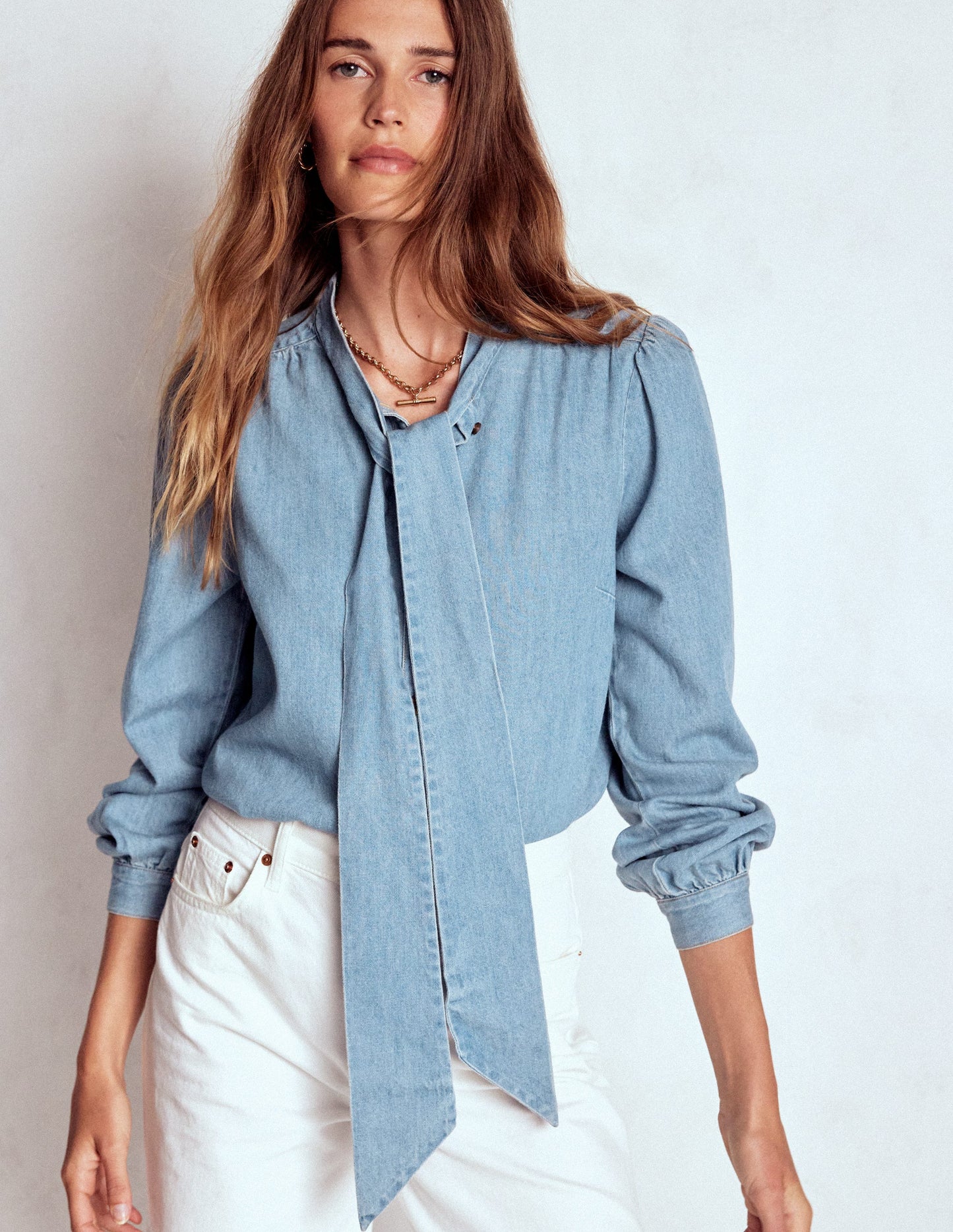 Tie Neck Denim Top-Light Authentic