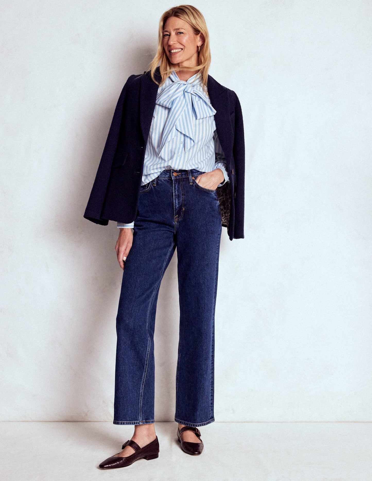 Tie Neck Top-Glacier Blue and Ivory Stripe