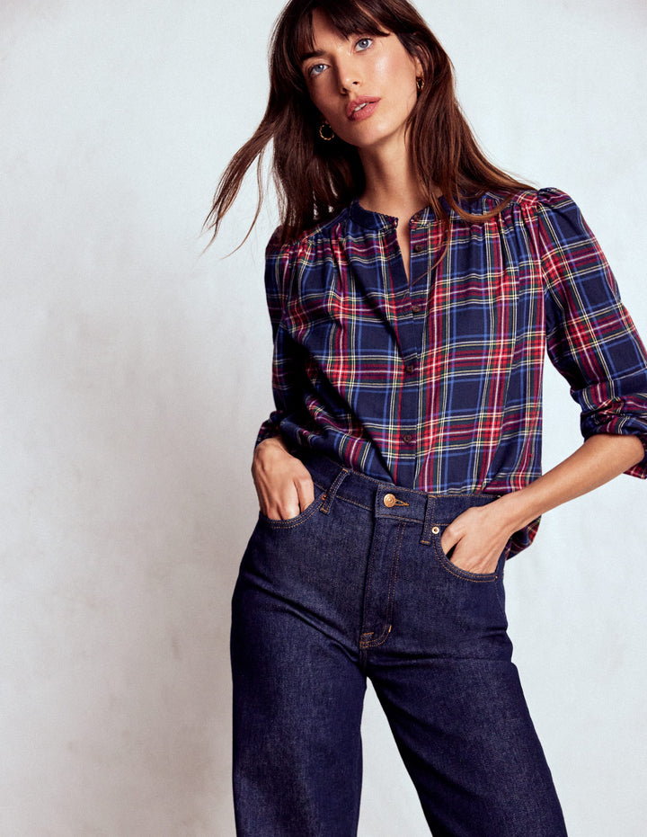 Layla Brushed Cotton Top-Navy and Red Check