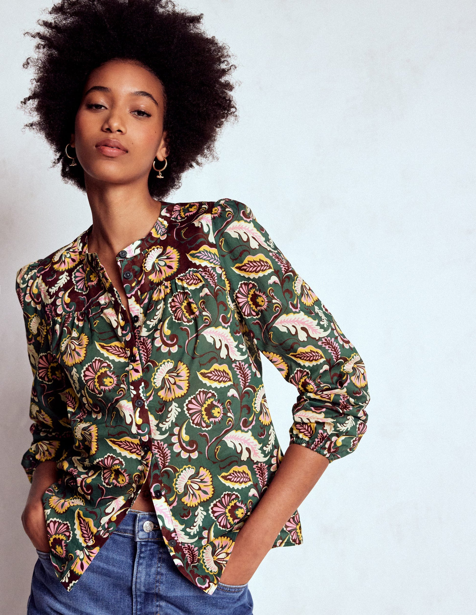 Corrine Cotton Top-Dark Green, Ornate Meadow-1