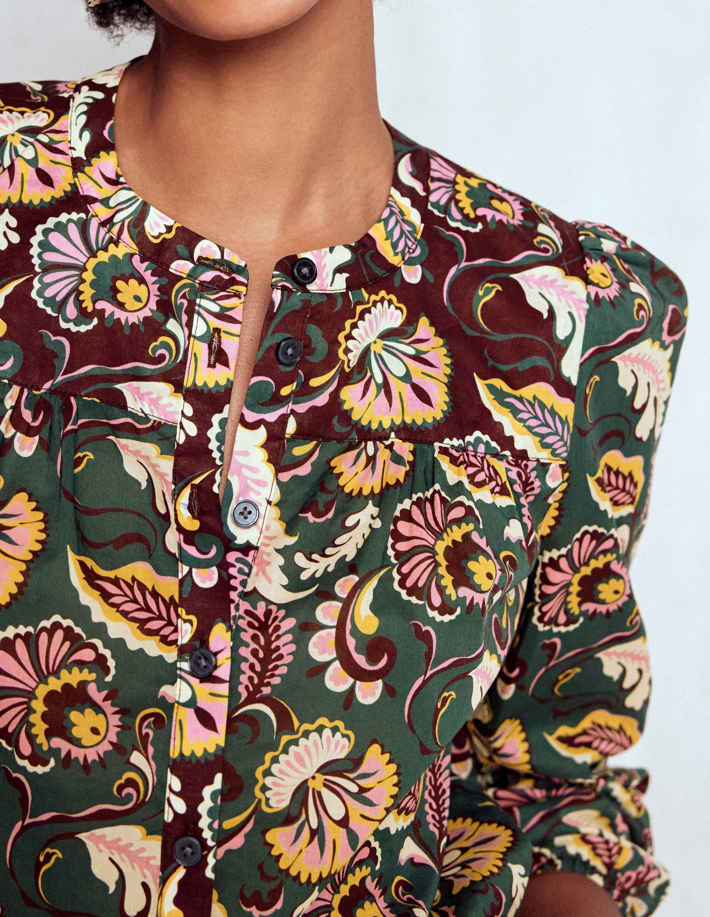 Corrine Cotton Top-Dark Green, Ornate Meadow