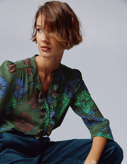Alice Frill Front Silk Top-Green, Peony Bloom-1