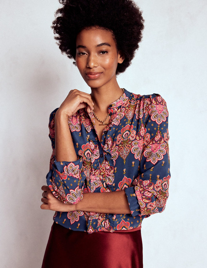 Alice Frill Front Silk Top-Navy, Embellished Paisley