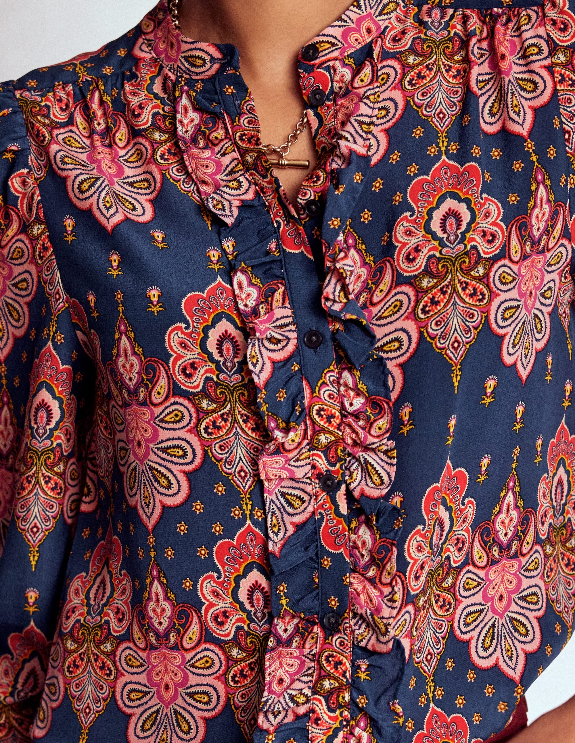 Alice Frill Front Silk Top-Navy, Embellished Paisley | Boden USA