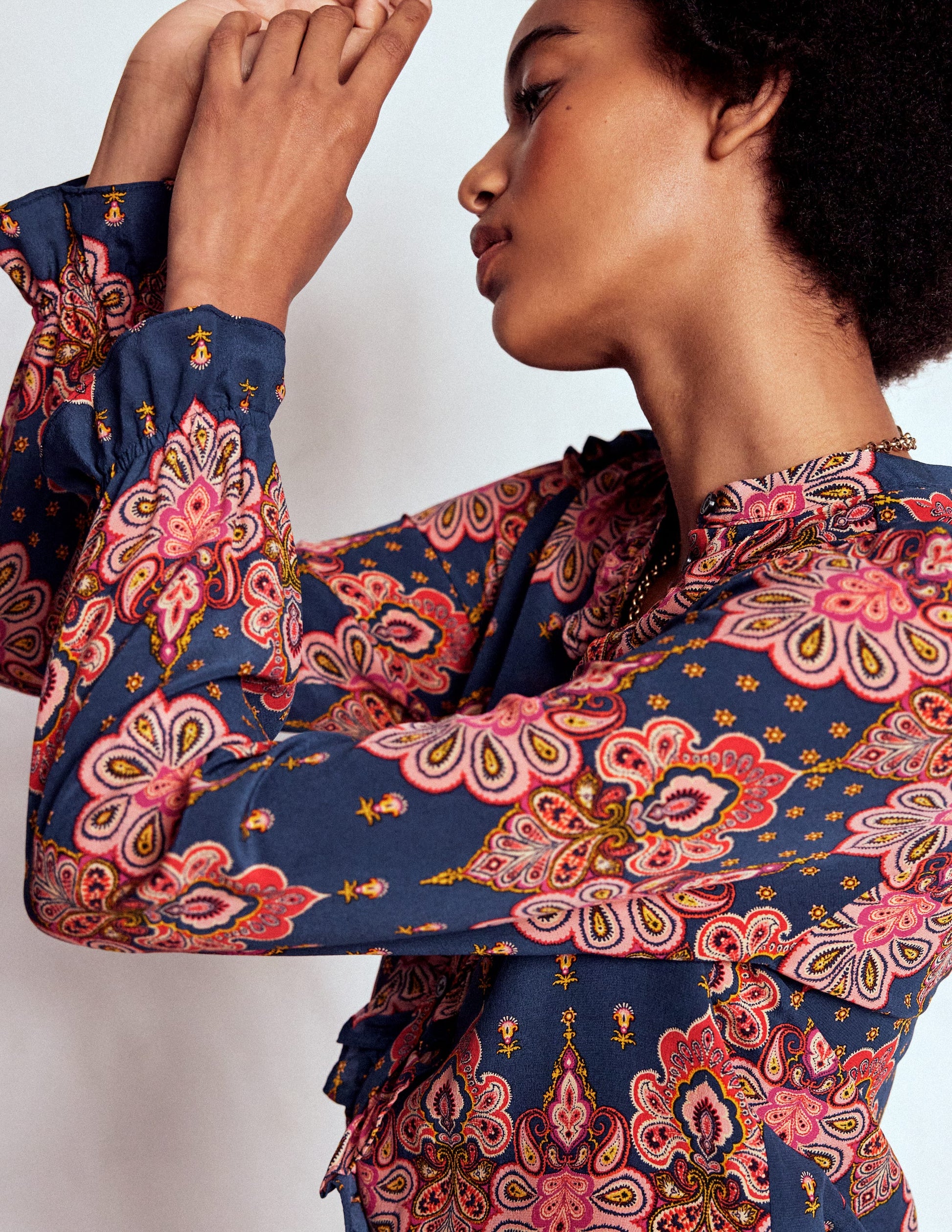 Alice Frill Front Silk Top-Navy, Embellished Paisley-4