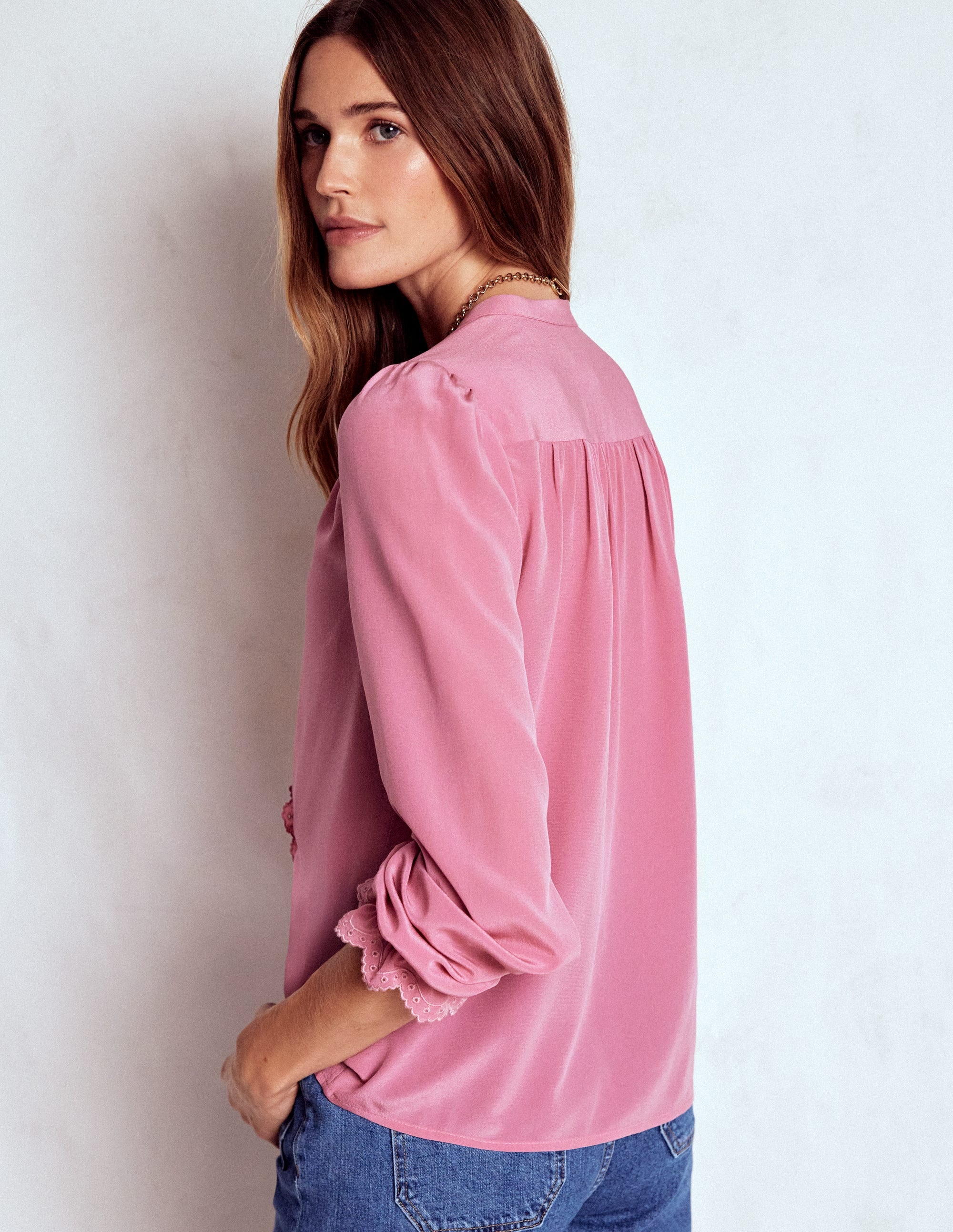 Alice Frill Front Silk Top-Pink Heather | Boden USA