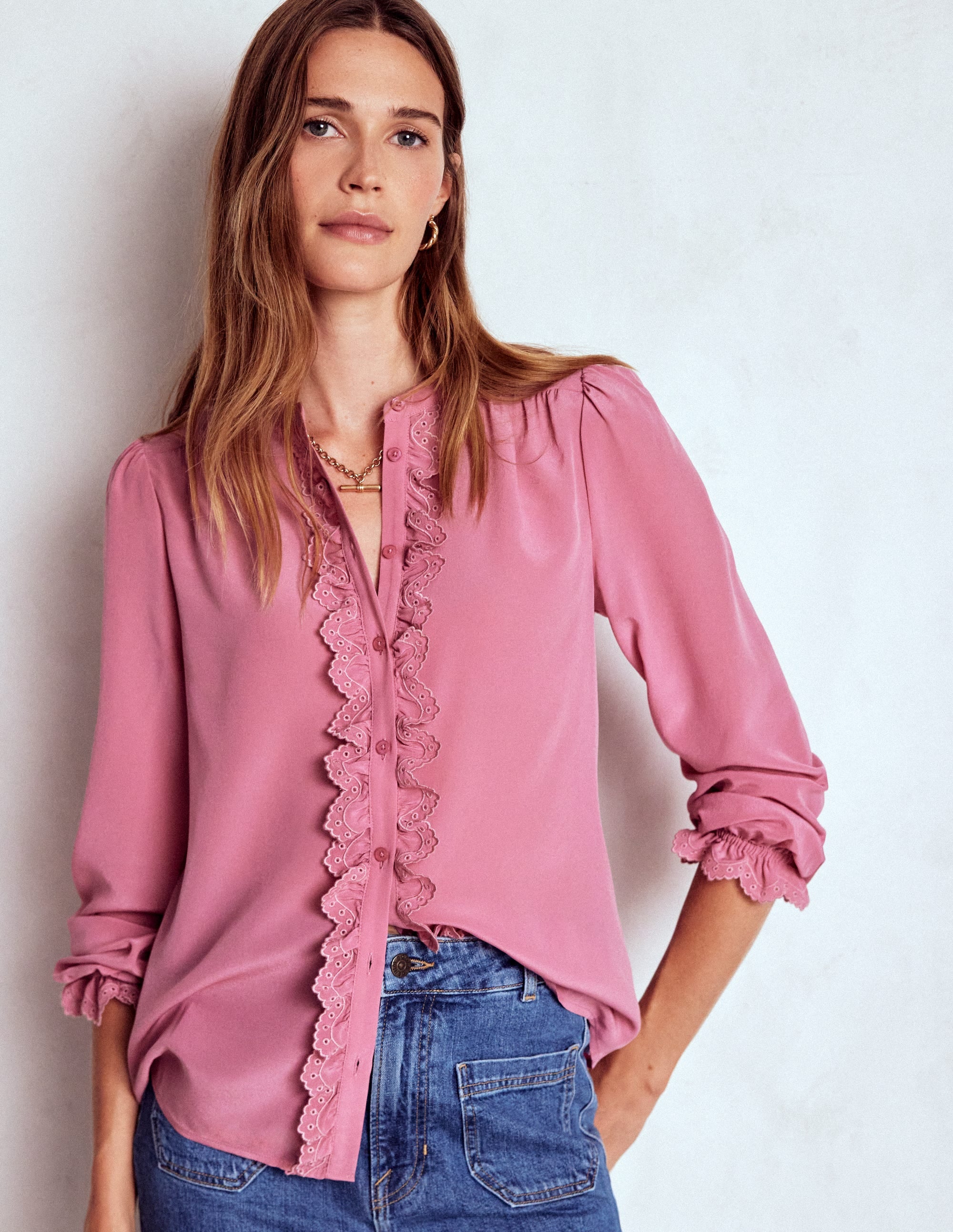 トップス andequal piping bulky frill blouse Alice Frill Front Silk Top-Pink Heather | Boden USA