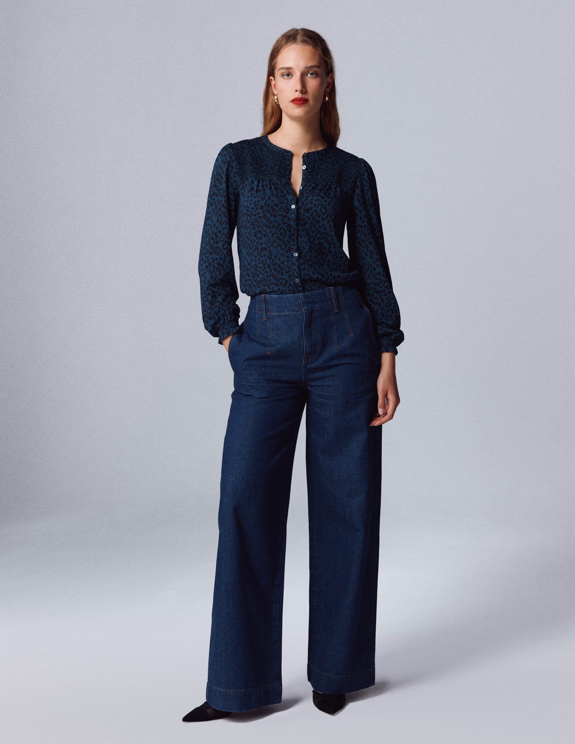 Elsa Smocked Yoke Jersey Shirt-Teal Leopard-5