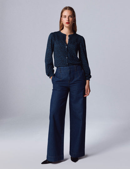 Elsa Smocked Yoke Jersey Shirt-Teal Leopard-5