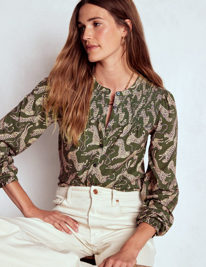 Elsa Smocked Yoke Jersey Shirt-Green, Leaping Leopard