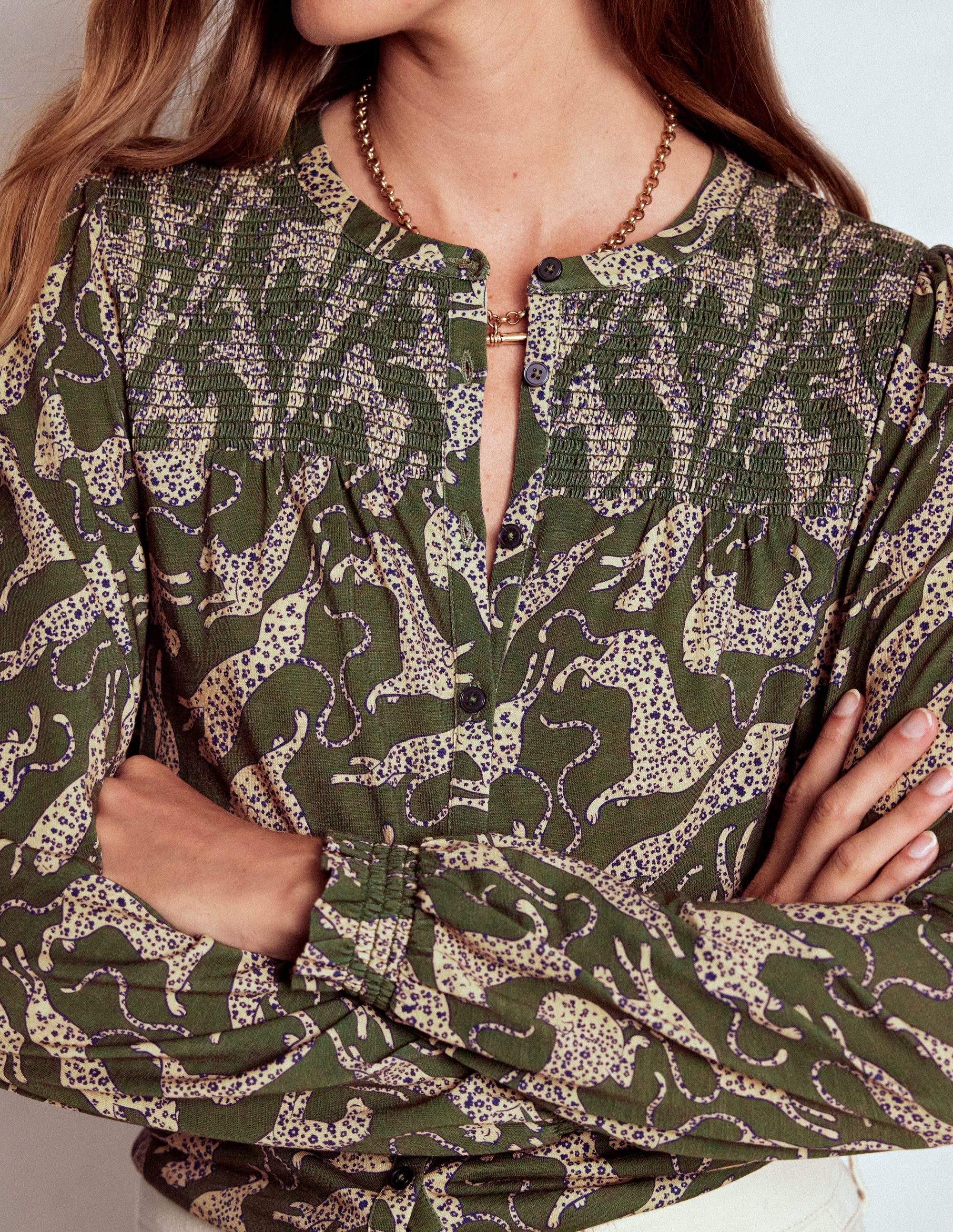 Elsa Smocked Yoke Jersey Shirt-Green, Leaping Leopard - Image 2