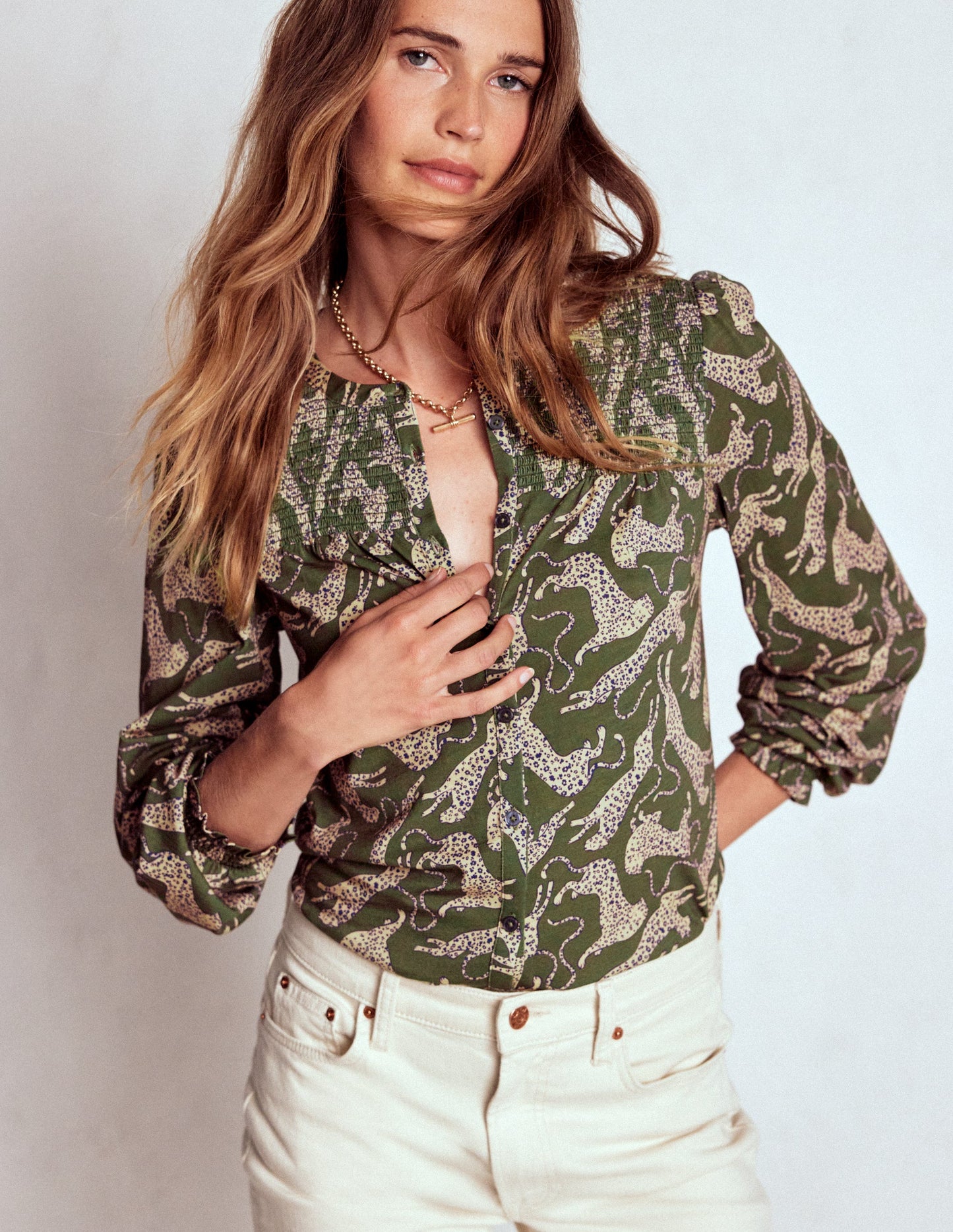 Elsa Smocked Yoke Jersey Shirt-Green, Leaping Leopard