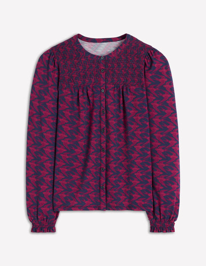 Elsa Smocked Yoke Jersey Shirt-French Navy, Swooping Swallow-5