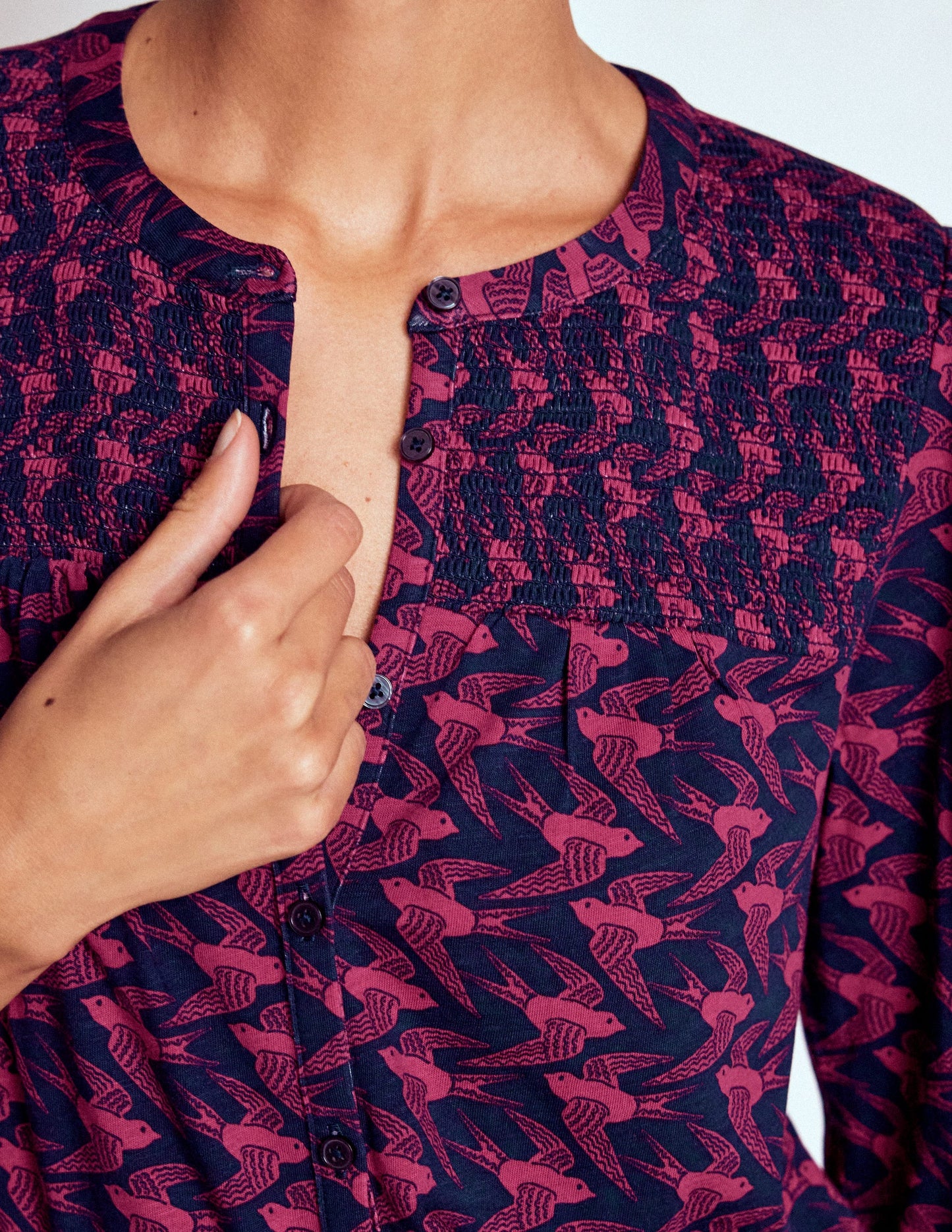 Elsa Smocked Yoke Jersey Shirt-French Navy, Swooping Swallow