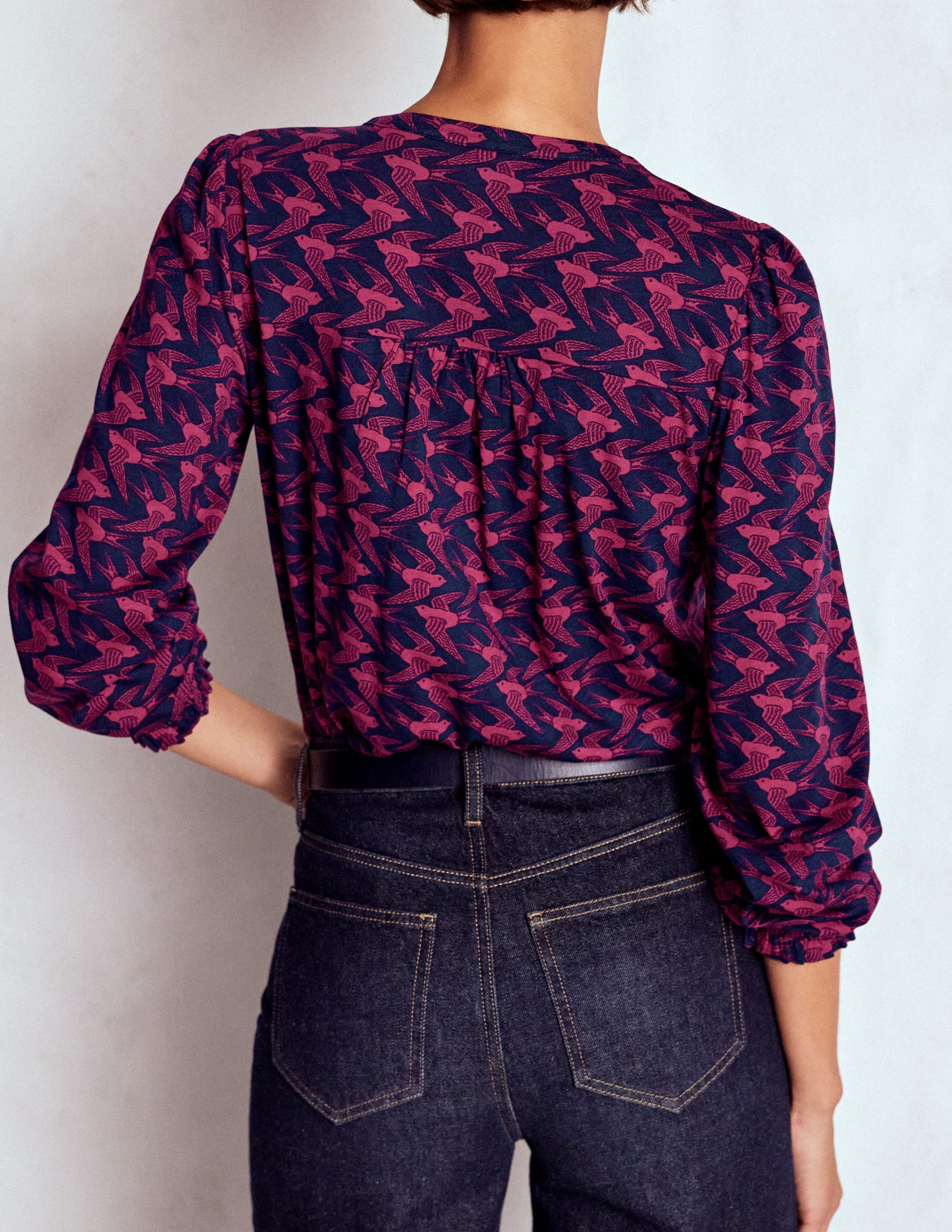 Elsa Smocked Yoke Jersey Shirt-French Navy, Swooping Swallow - Image 3