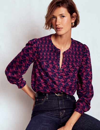 Elsa Smocked Yoke Jersey Shirt-French Navy, Swooping Swallow-4