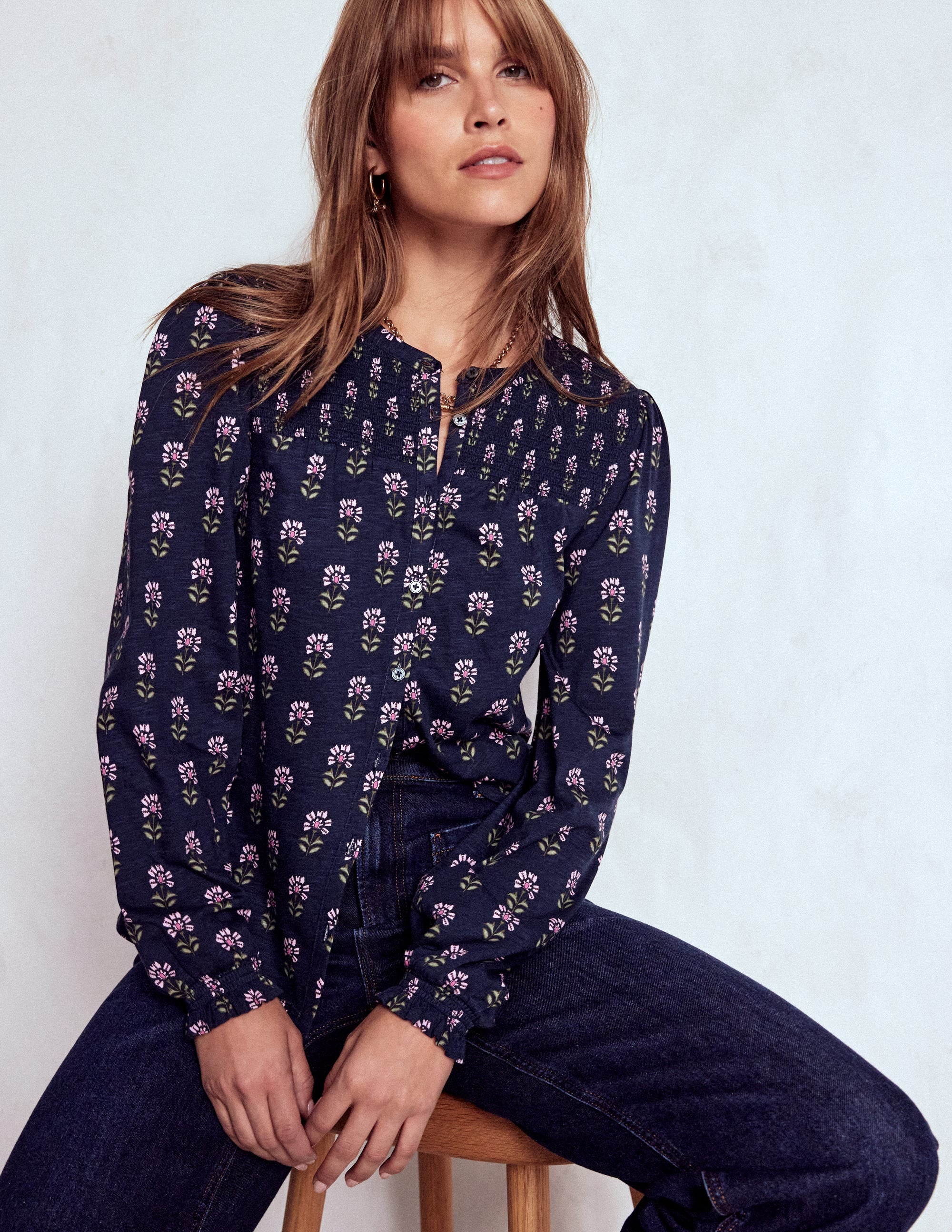 Elsa Smocked Yoke Jersey Shirt-Navy, Woodblock Flower | Boden USA