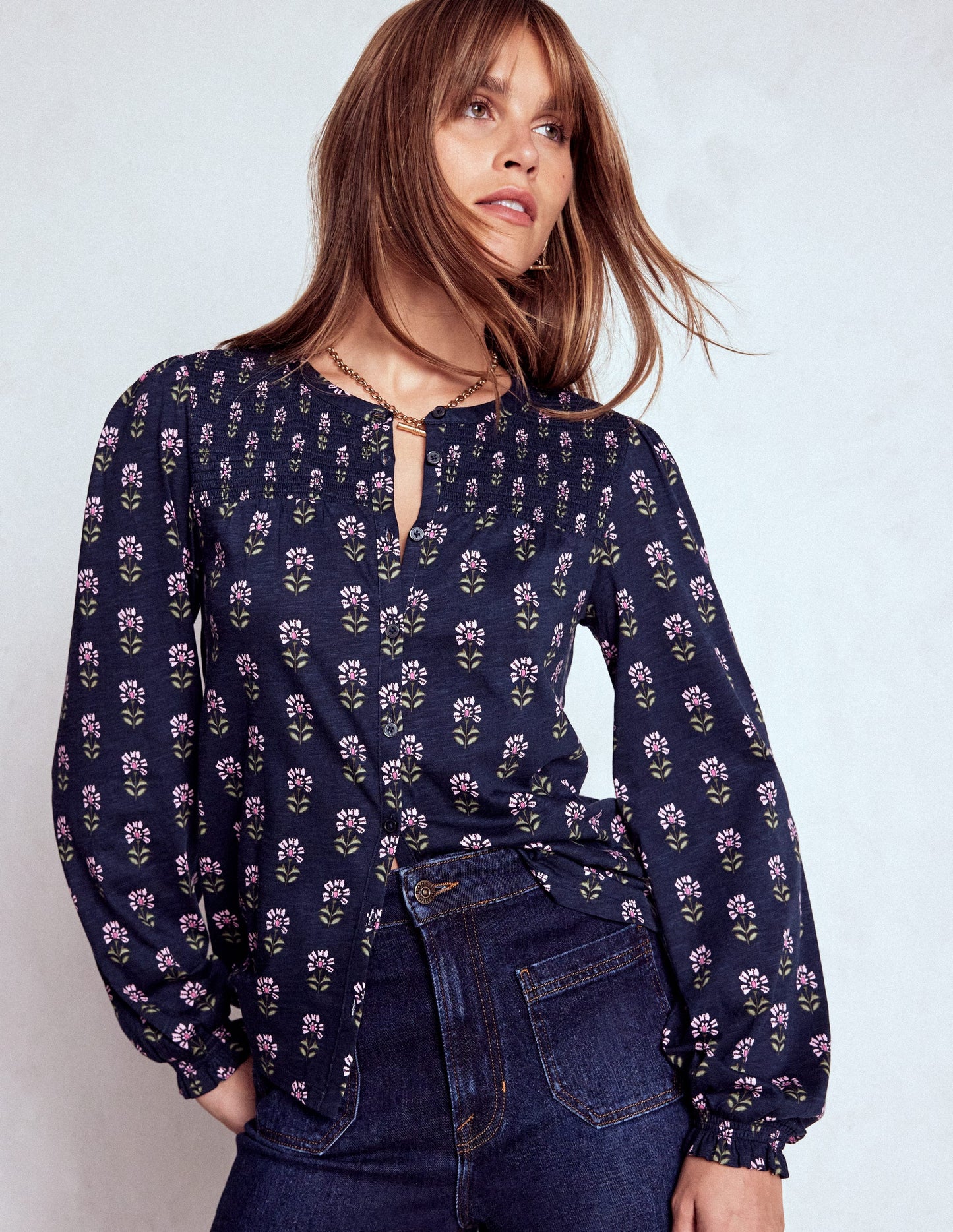 Elsa Smocked Yoke Jersey Shirt-Navy, Woodblock Flower